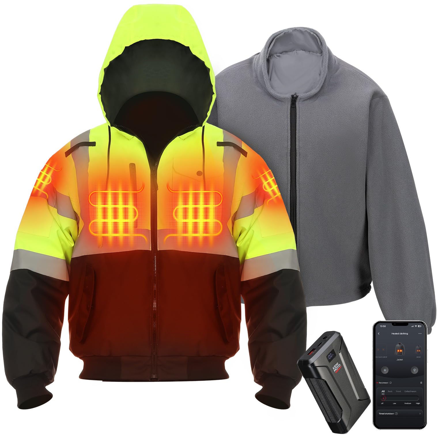 KEMIMOTO Heated Safety Jacket for Men, Waterproof Hi Vis Jacket Cold Weather, Winter Work Coat, Reflective Jacket Global Recycled Standard Global Recycled Standard Global Recycled Standard