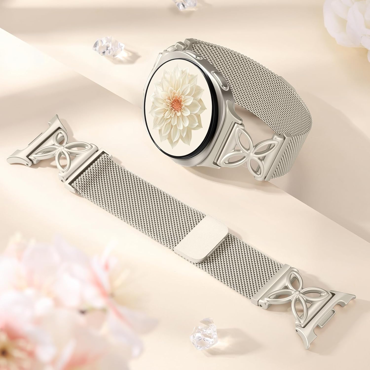 Getino Magnetic Metal Band Compatible with Galaxy Watch 8 / Watch 8 Classic Band, Milanese Floral Dressy Strap for Samsung Watch Bands Women 40mm 44mm 46mm - Starlight - Image 7