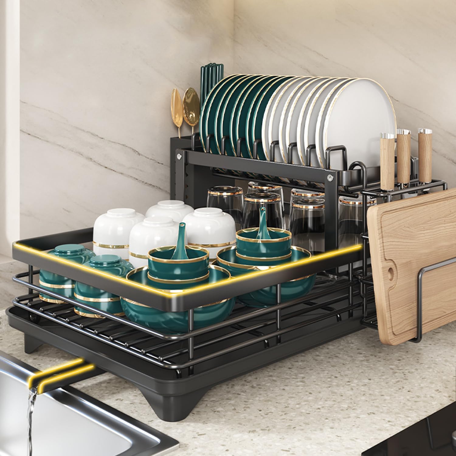 FCYOUO 2 Tier Dish Drying Racks for Kitchen Counter,Rustproof Kitchen Dish Drying Rack with Drainboard & Utensil Holder,Detachable Large Capacity Dish Drainer