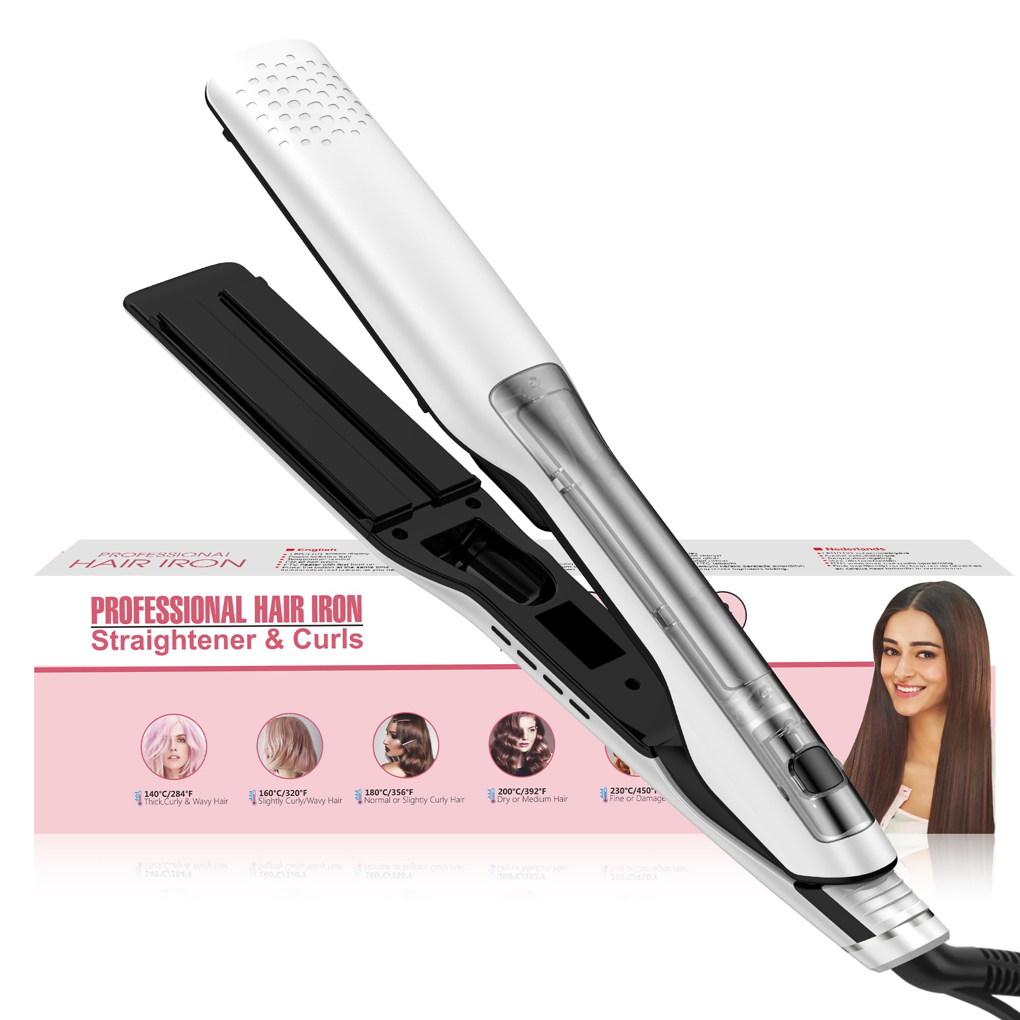 UKLISS Steam Hair Straightener, Salon Hair Care Effect for Women, Professional Hair Straighteners with LCD Display & Safty Lock, 40MM Wide Plate Flat