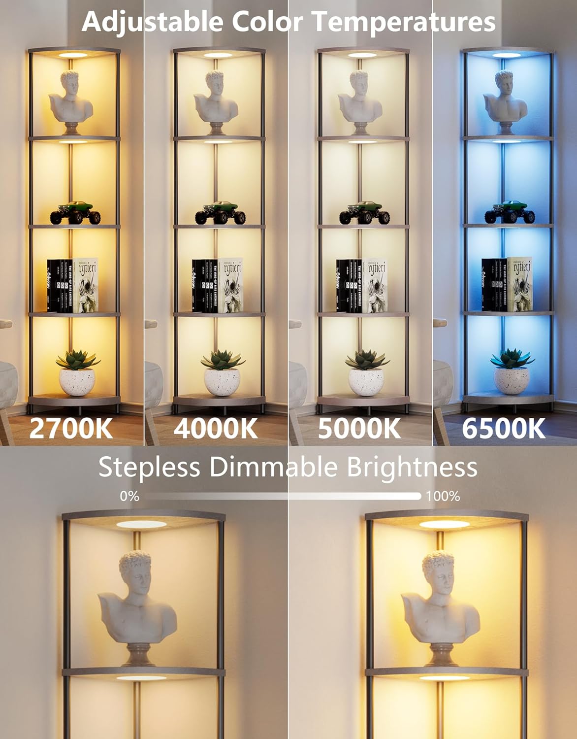 Corner Shelf with RGBCW LED Light, 64.5” Tall Floor Lamp Narrow Bookshelf Organizer, Standing Shelves with Metal Pole, Display Storage Rack for Wall Corner, Living Room, Bedroom, Office Décor, Grey