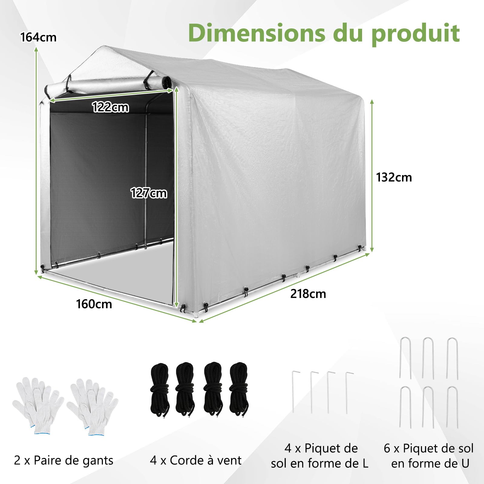COSTWAY Abri de Vélos Extérieur de 160 x 218 x 164 cm, Abri de Garage Portable pour Vélos avec Porte à Fermeture Éclair Enroulable, Bache Motos pour Terrasse Jardin Cour (Gris Argenté)