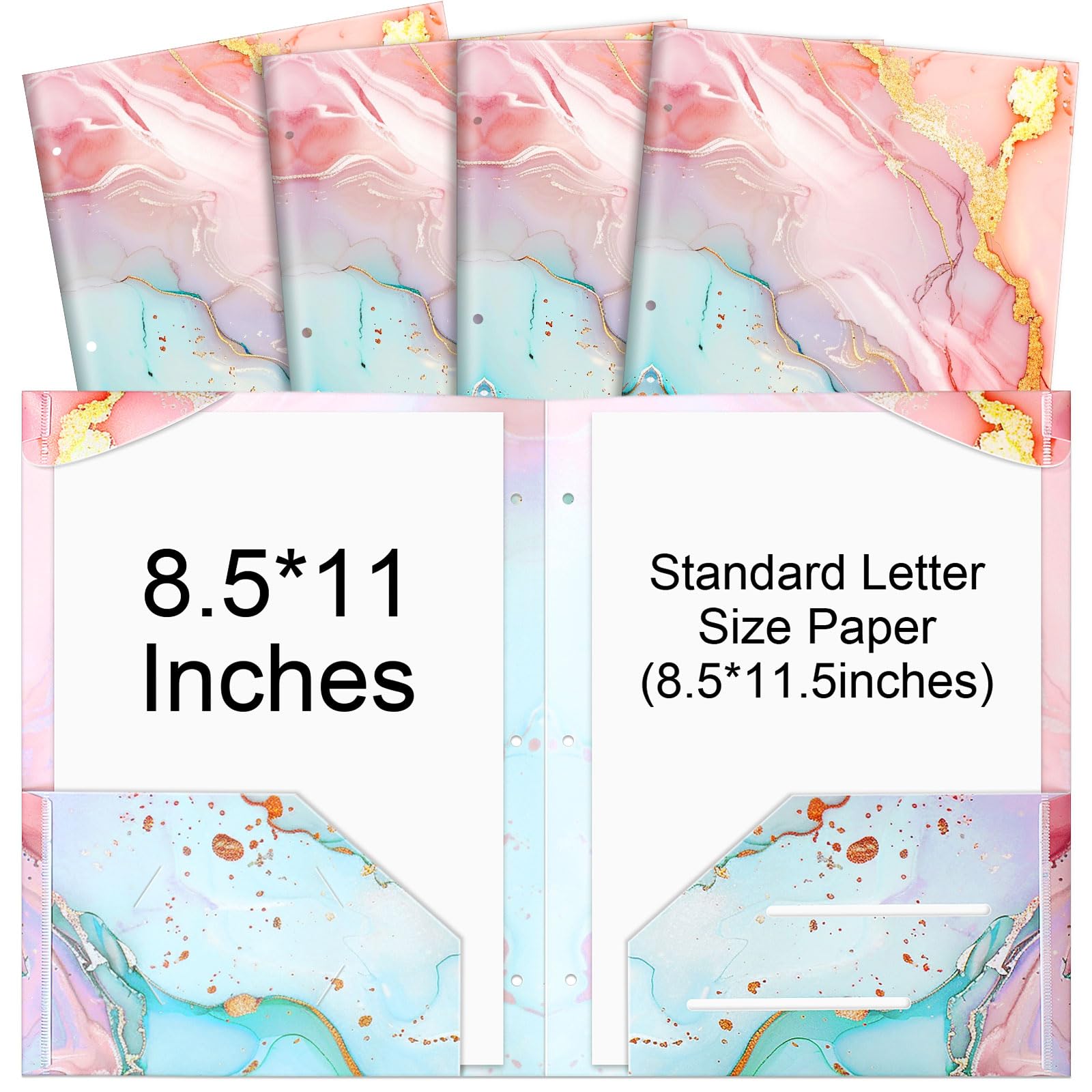 Trandraft 4 Pack Plastic File Folders with Two Pockets Decorative Cute Marble Designs Heavy Two Pocket File Folders Fits 3 Ring Binders for School