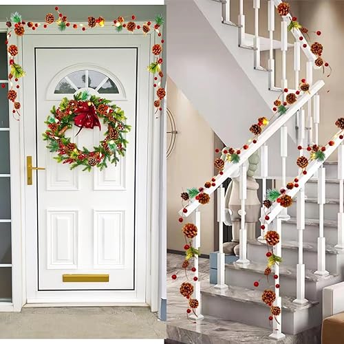 Miniatura 7 de Niurui Guirnalda de Navidad con luces, guirnalda de conos de pino de bayas rojas, guirnalda de 20 luces LED de 6.5 pies, funciona con pilas,