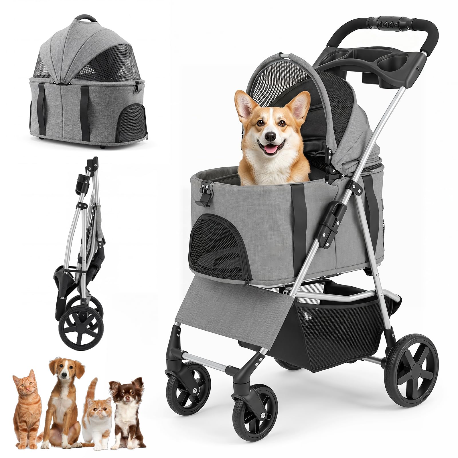 COSTWAY 3-in-1 Pet Stroller, Foldable Dog Pushchair (Grey)