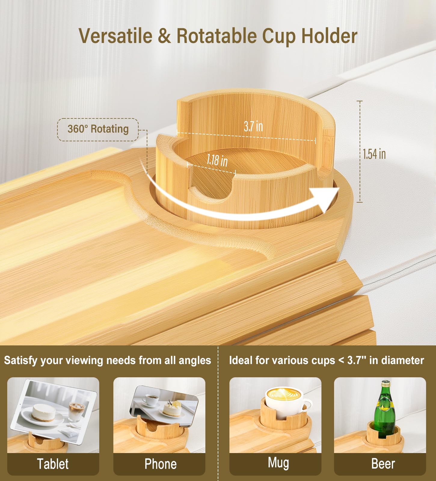 Bandeja de Brazo de Sofá, Mesa Bandeja de Bambú para Sofá, Bandeja para Brazo de Sofá con Portavasos, Organizador Antideslizante para Reposabrazos para Bebida, Taza, Merienda, Control, Natural
