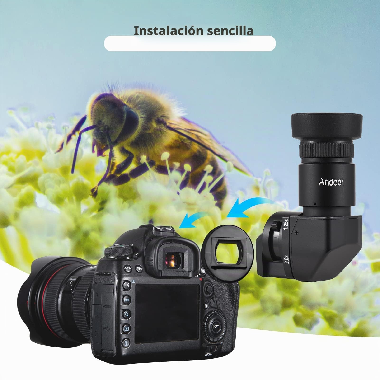 Andoer Visor para cámara de fotos LCD con lente de aumento visor 1,25x / 2,5x visor de ángulo recto para Canon Nikon Pentax Olympus Leica Fujifilm Dslr Camera