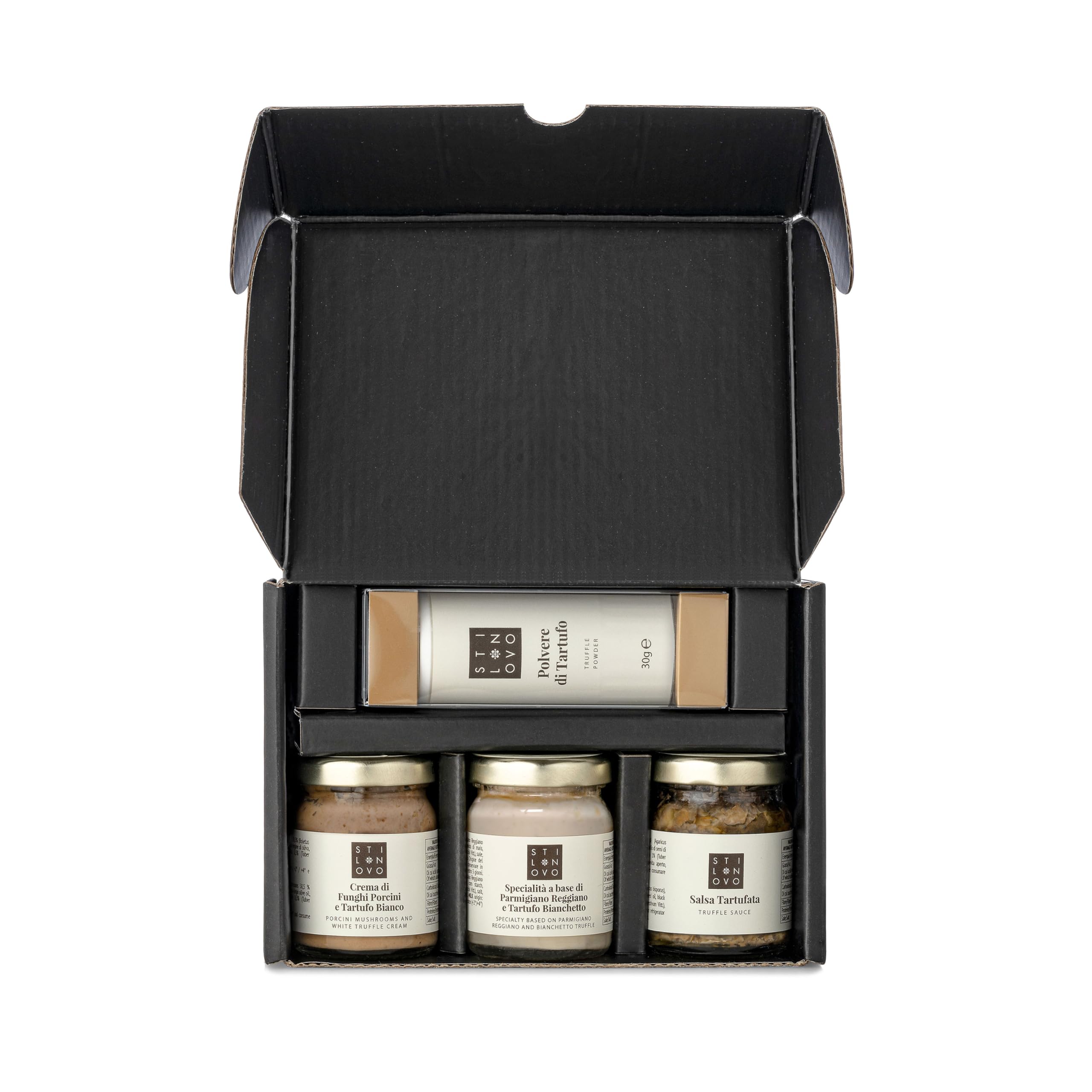 Set degustazione prestigio nero composta da Polvere di Tartufo Crema di Funghi, Porcini e Tartufo Bianco, Specialità Parmigiano e Tartufo, Salsa tartufata