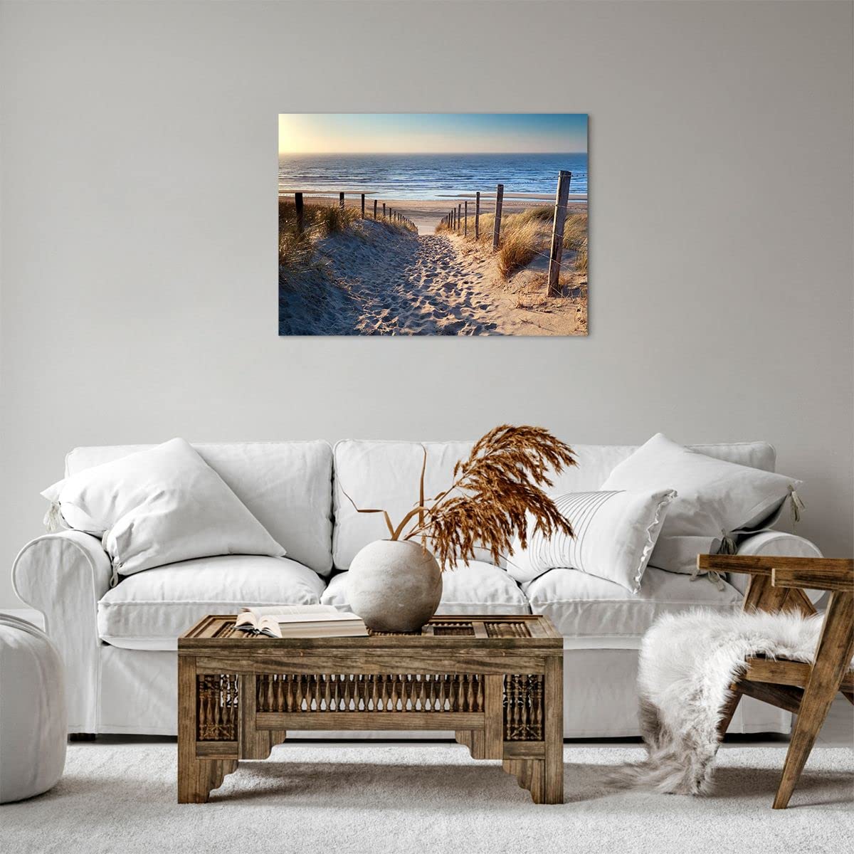 Schilderij - Ondergaande zon op het strand, Premium print, 90x50cm - QM Schilderij - Ondergaande zon op het strand, Premium print, 90x50cm - QM