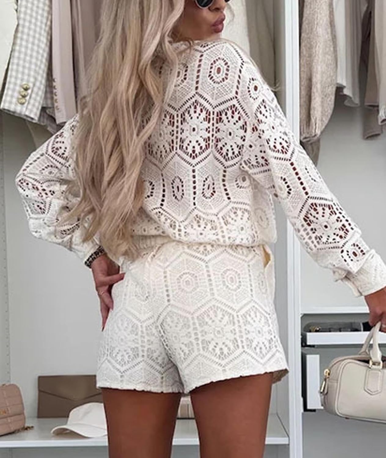 SOMTHRON Women's Crochet 2 Piece Outfits Lace Eyelet Button Down Shirt Top Wide Leg Shorts Tracksuit Matching Set - Image 5