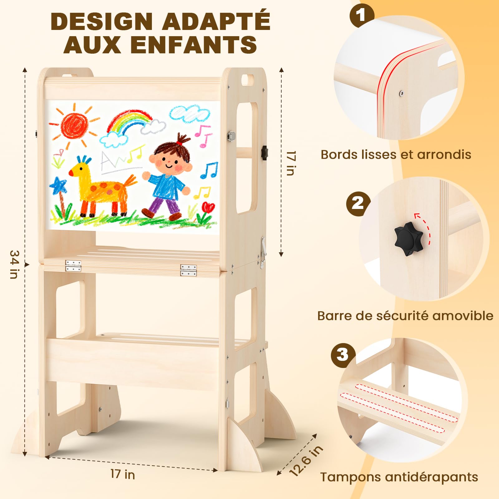Torre Montessoriana Bambini da 1 Anno, 4 in 1 Torre Montessoriana Pieghevole per L'Apprendimento in Piedi, Torre Montessori con Lavagna e Lavagna Bianca, Regalo per Bambini e Bambine da 1 a 3 Anni