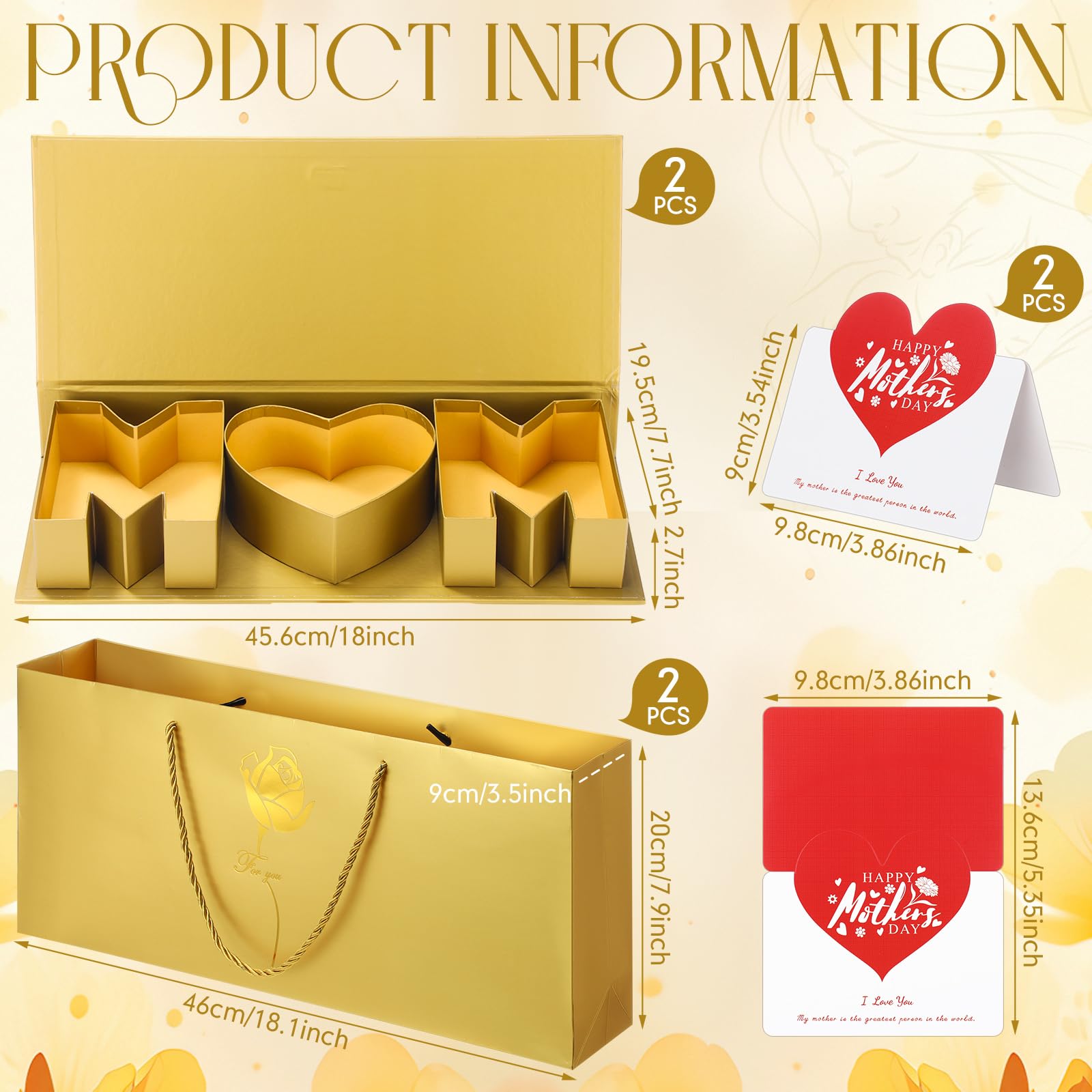 Ctosree 2 Sets Mother's Day Mom Flower Gift Box with 18'' x 7.7'' x 2.7'' Empty MOM Letter Shaped Box Gift Bags Greeting Cards for Mother's Day Birthday Flower and Arrangements(Gold)