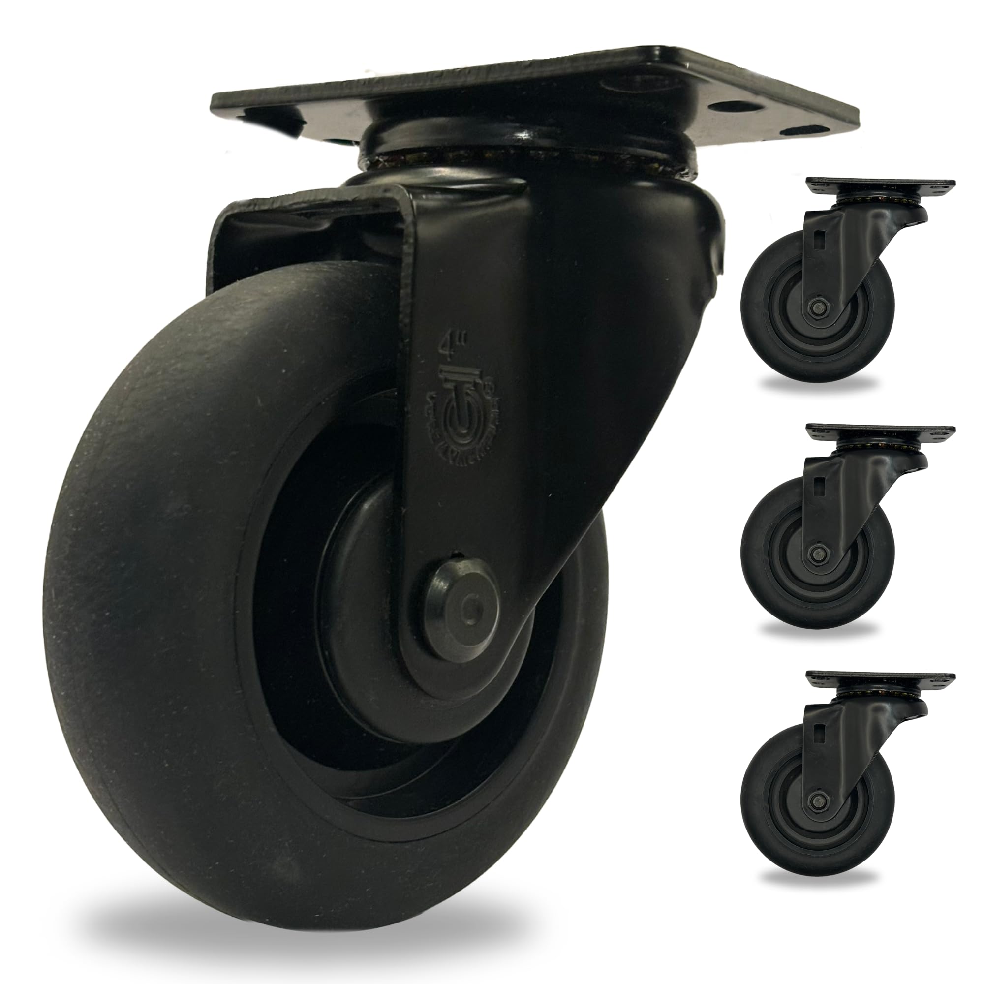 Swivel Plate Casters - 4 inch Heavy Duty Caster Wheels, Set of 4 All-Black - Quiet and Non-Marring High-Grade Elastomer Wheels for Workbench, Platform, Cart, Furniture - Smooth Rolling