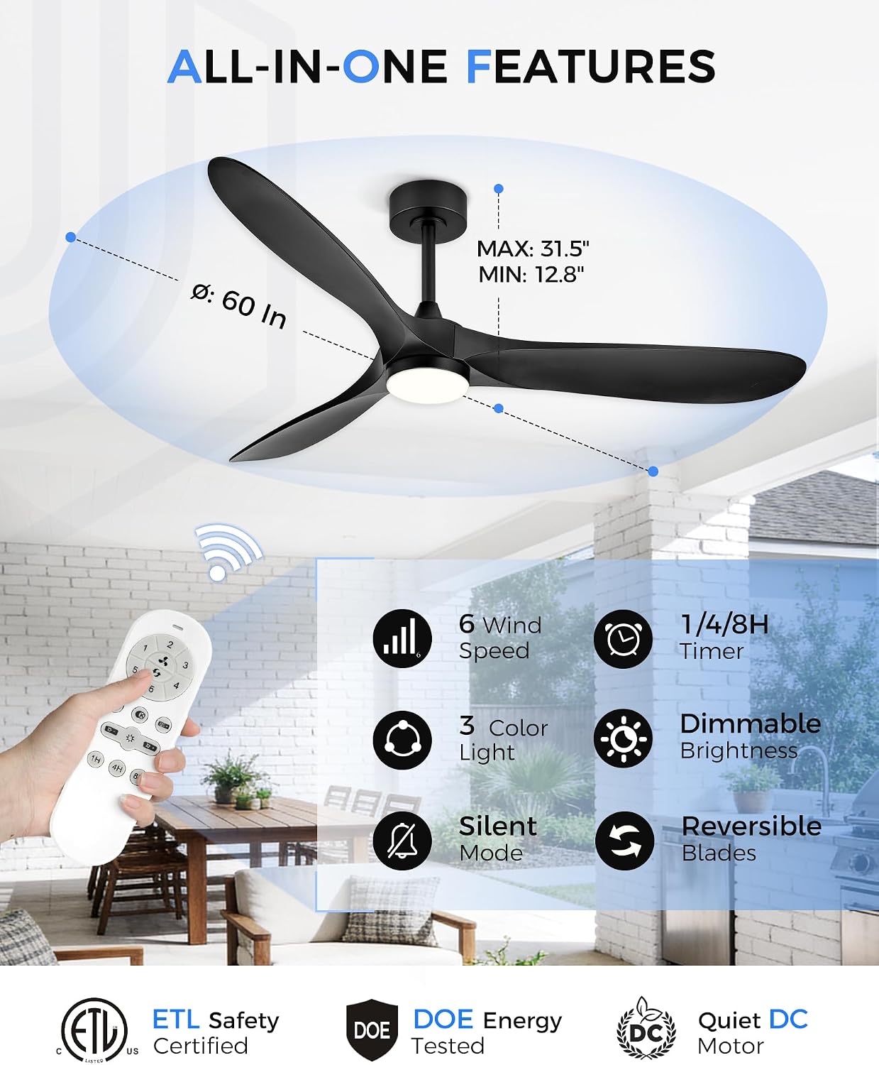 60 Inch Indoor Outdoor Ceiling Fan with Light and Remote, 3CCT Dimmable LED, Modern Black Ceiling Fan, Reversible Motor, Quiet 3-Blade ABS Fan for Living Room, Covered Patio, ZCCF08BK-60