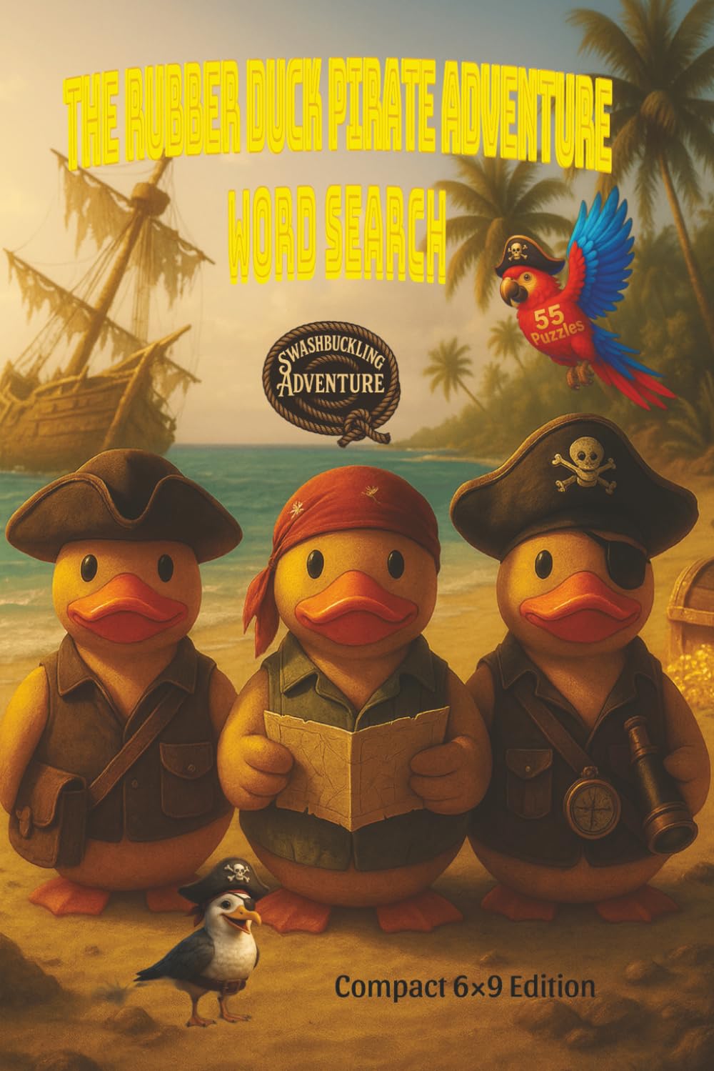 The Rubber Duck Pirate Adventure Word Search: Come on a playful pirate adult treasure hunt with the fearless rubber ducks as they wander a tropical island. Perfect for a whimsical de-stress break