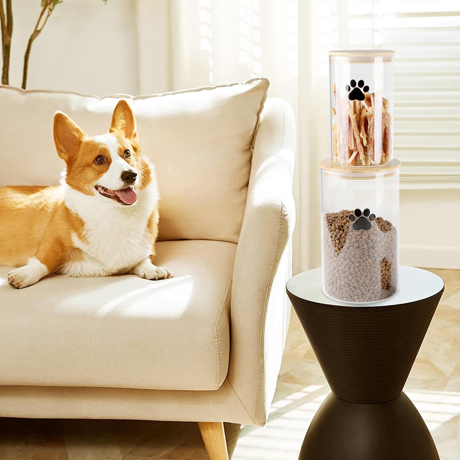 Juego de tarros de vidrio para perros y gatos, 2.2 onzas + 40 onzas, contenedor transparente para alimentos para perros y gatos con tapas de bambú, tarro hermético para golosinas para gatos,