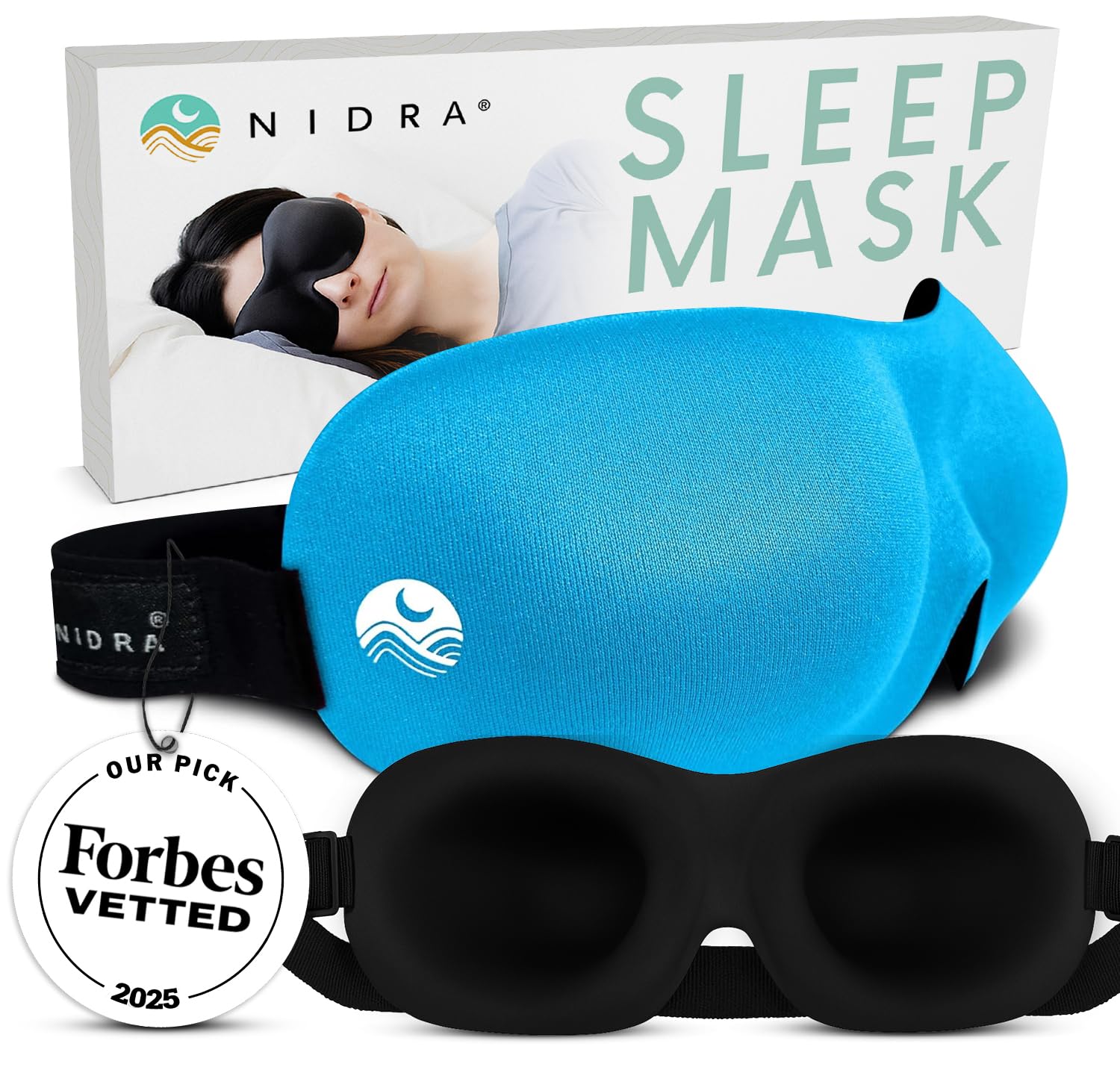 Nidra Contoured Sleep Mask for Side Sleepers Zero Pressure Fit Light Blocking Eye Shade for Sleeping Travel Blue
