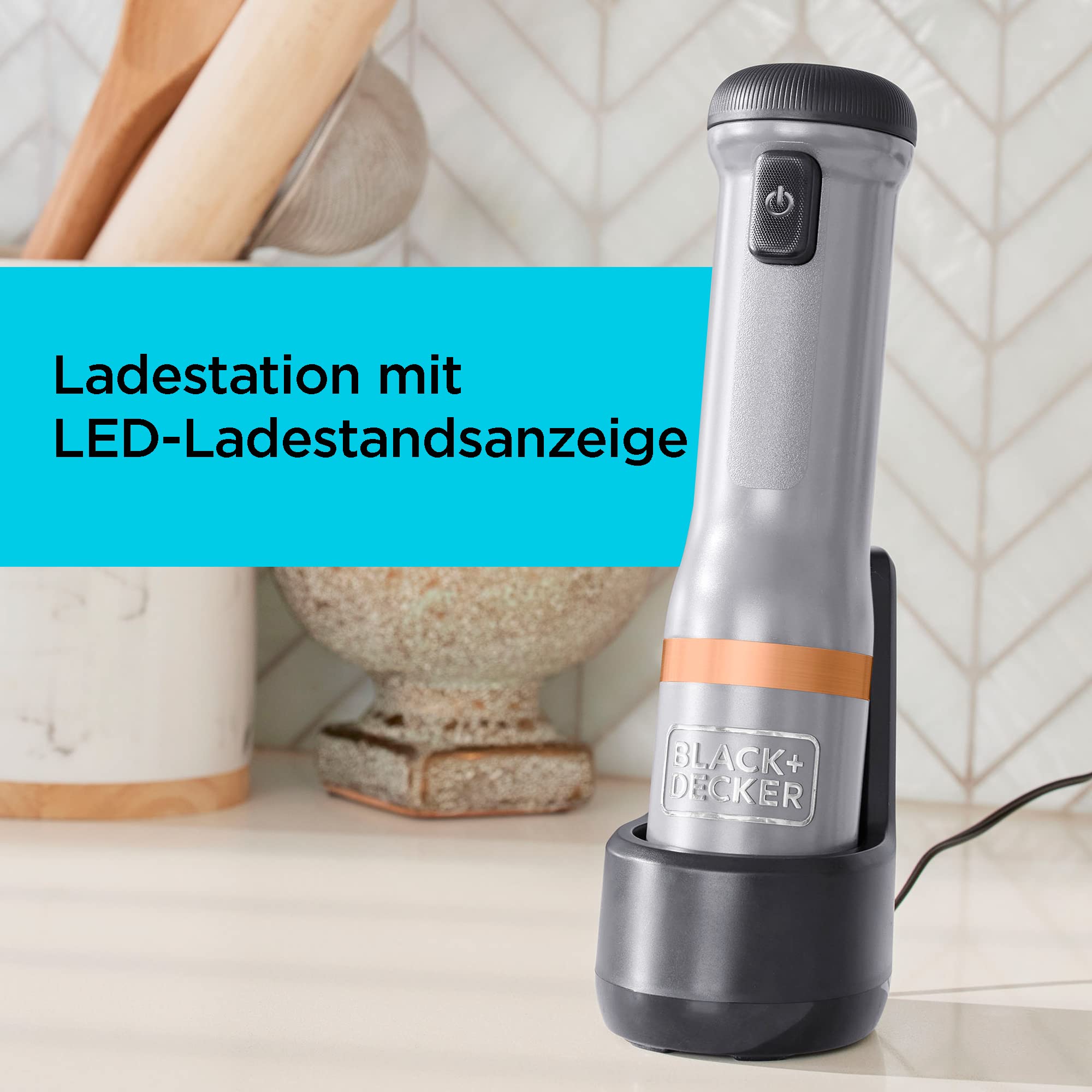 BLACK+DECKER Stabmixer Kitchen Wand Mixer elektrisch mit Messbecher und Ladegerät (7.2 Volt, kabelloser Pürierstab, Blender & Food processor mit 5 Leistungsstufen, im Set mit 700ml) BCKM1011KGF
