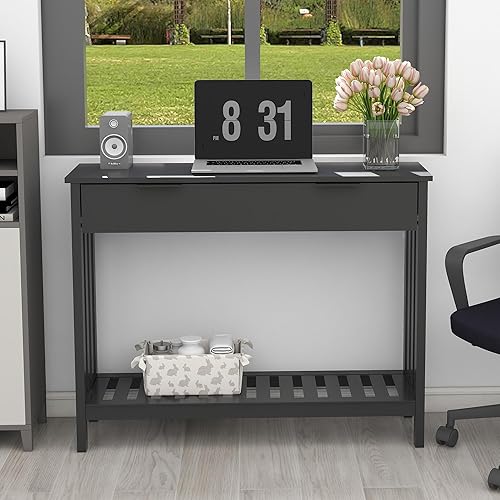 Miniatura 7 de TaoHFE Mesa de entrada negra con cajón, mesa consola estrecha moderna de madera con almacenamiento, mesa de pasillo, mesas de sofá para sala de
