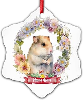 Dinoz Christmas Home Décor Hamster Animal Ornament, Watercolor Baby Animals Tree Custom Name Tree Hanging Decorations Two Sides Print Ceramic Snowflake Ornament Keepsake Gifts for Home