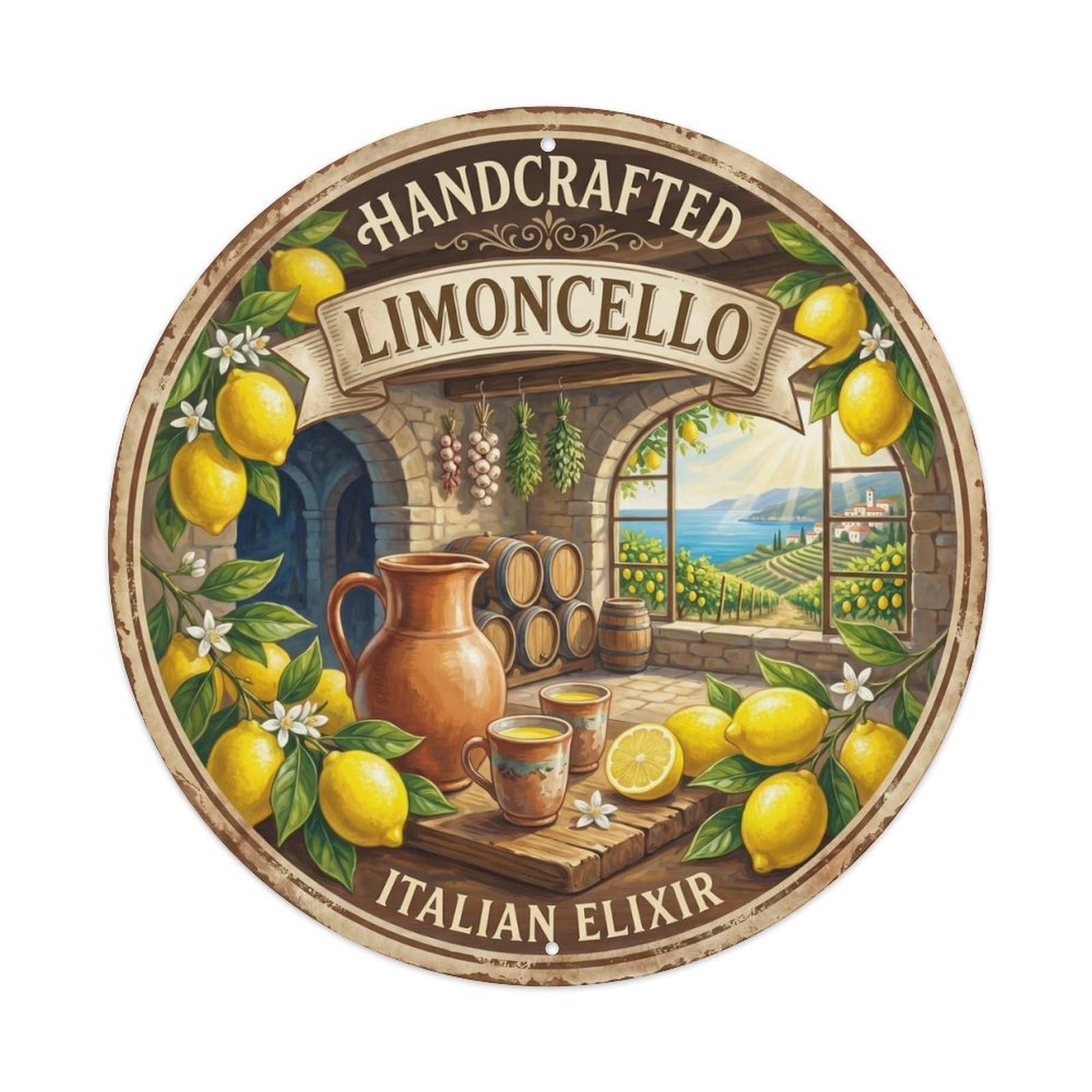 Artisanal Limoncello Digestif Vintage Metal Tin Sign Plaque Wall Decor for Cafe, Club, Garden Round Metal Poster 8x8Inch