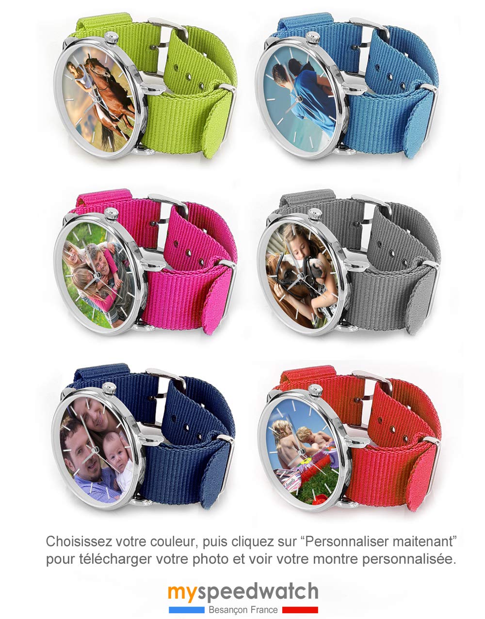 Reloj personalizable con una foto o un texto. Reloj mixto para hombre o mujer. Regalo personalizado. Pulsera trenzada NATO liso, colores de moda. Regalo único. Día del padre, Modelo mixto Ø 38 mm.