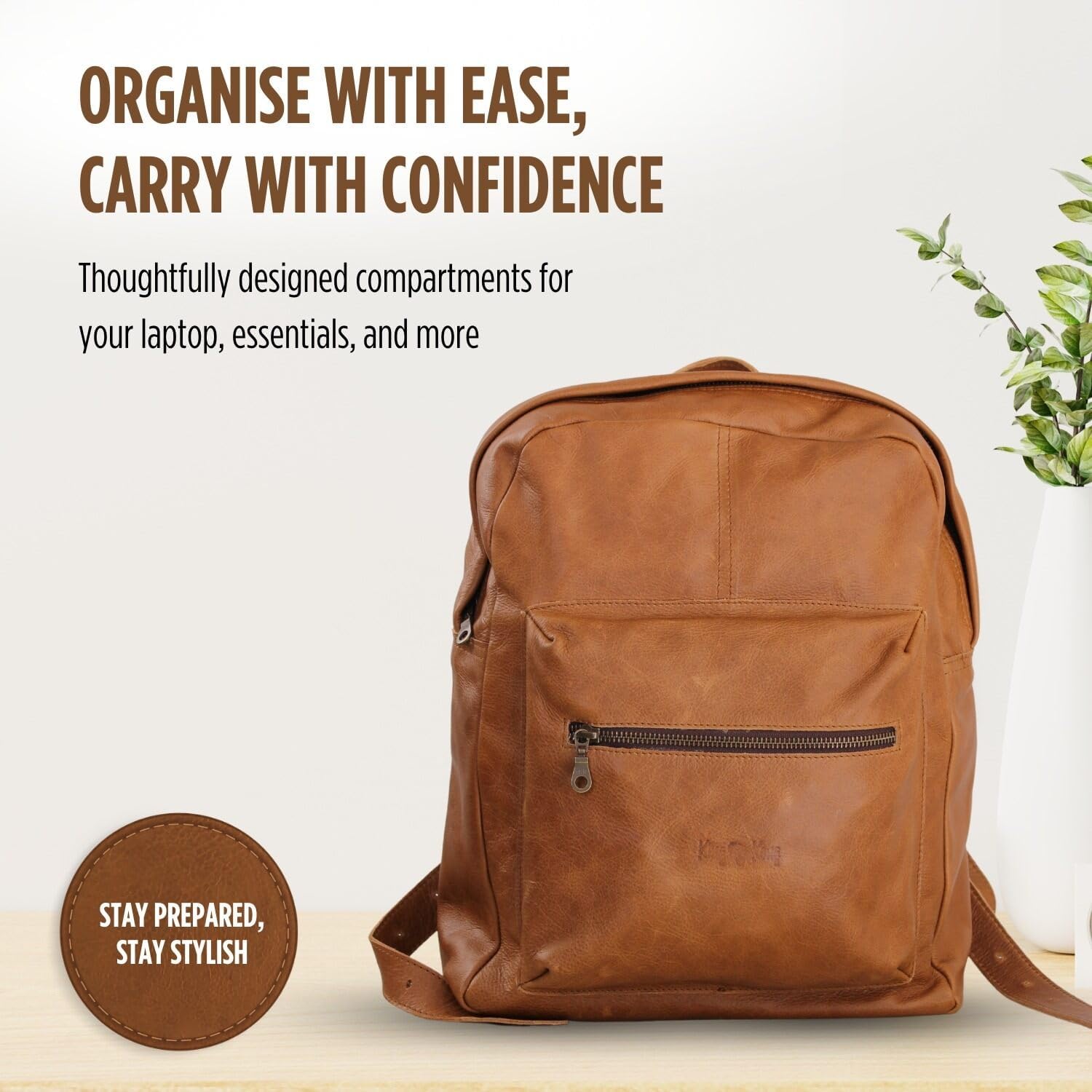 KING KONG Leather Laptop and Notebook Backpack, 13'' Backpack Bag for Men and Women, Full-Grain Cow Leather, 2 Inner and 1 Outside Front Small Zip Compartment, High-Density Foam, Pecan