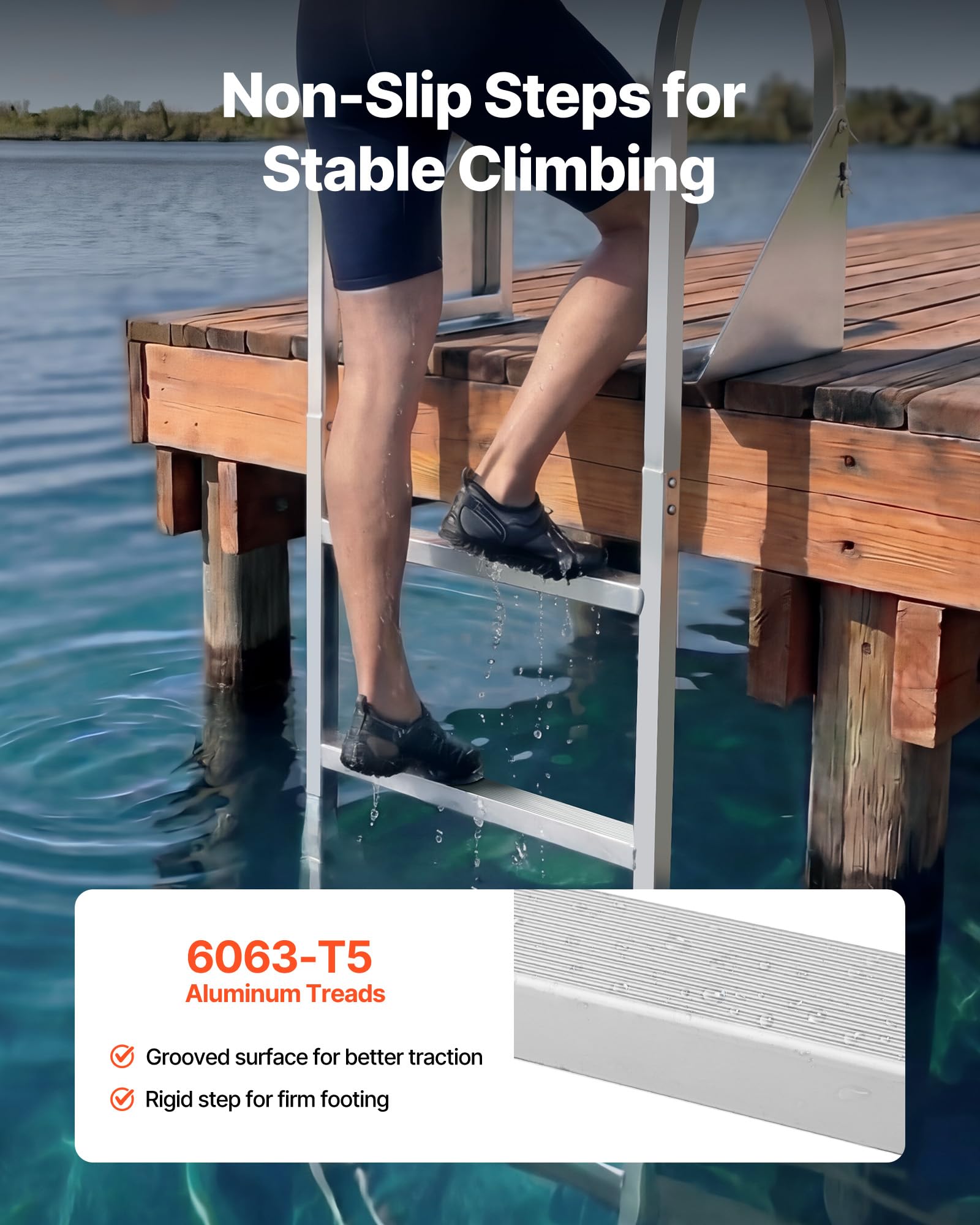 VEVOR Drabina pontonowa z 4 stopniami, drabina do pływania ze stopu aluminium do jeziora, łodzi i basenu, z poręczami i liną trakcyjną, maksymalne obciążenie. 159 kg, stopnie antypoślizgowe