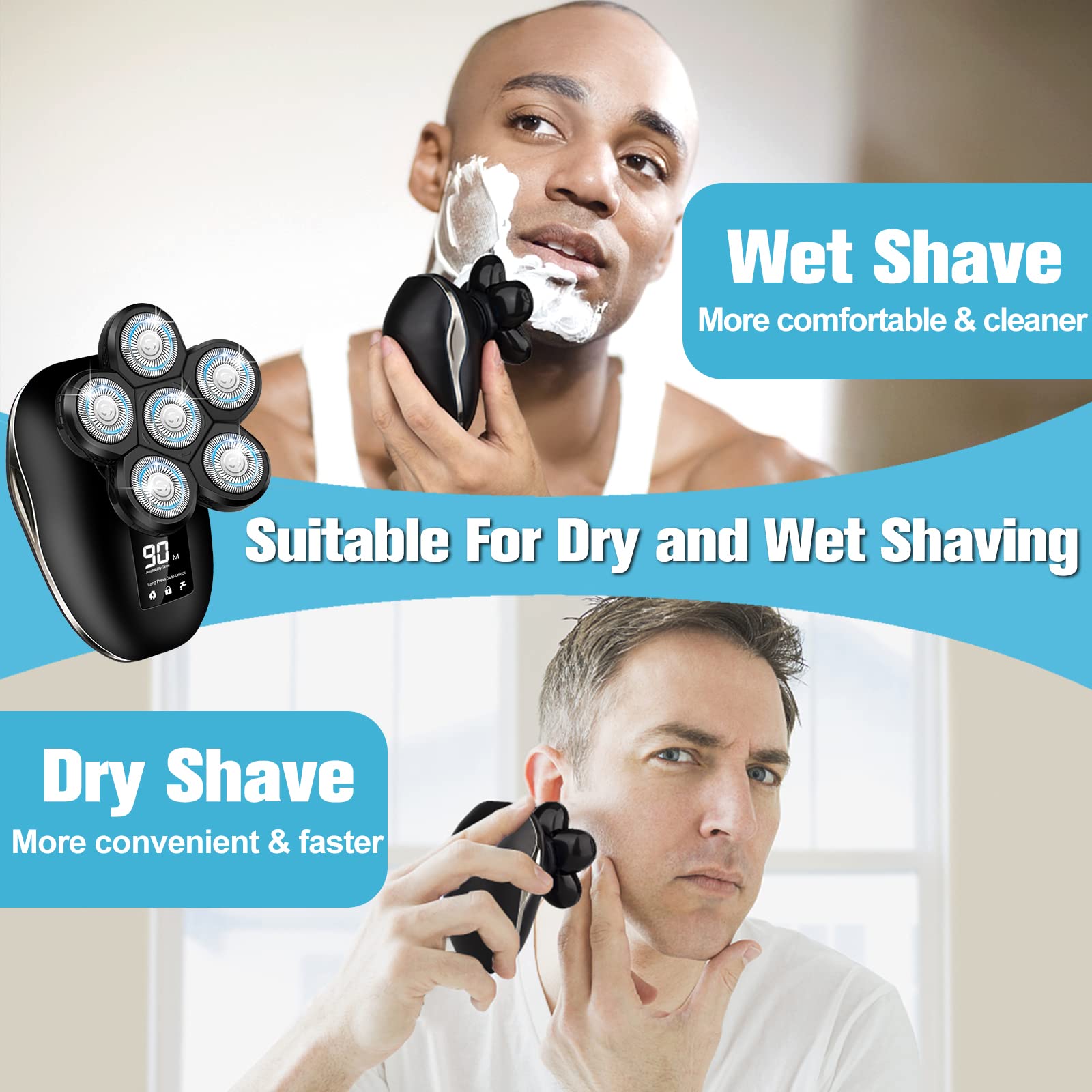 Afeitadora de cabeza calva para hombres, afeitadora de cabeza calva eléctrica 6 en 1, afeitadora eléctrica de cabeza calva 6d húmeda/seca impermeable para hombres