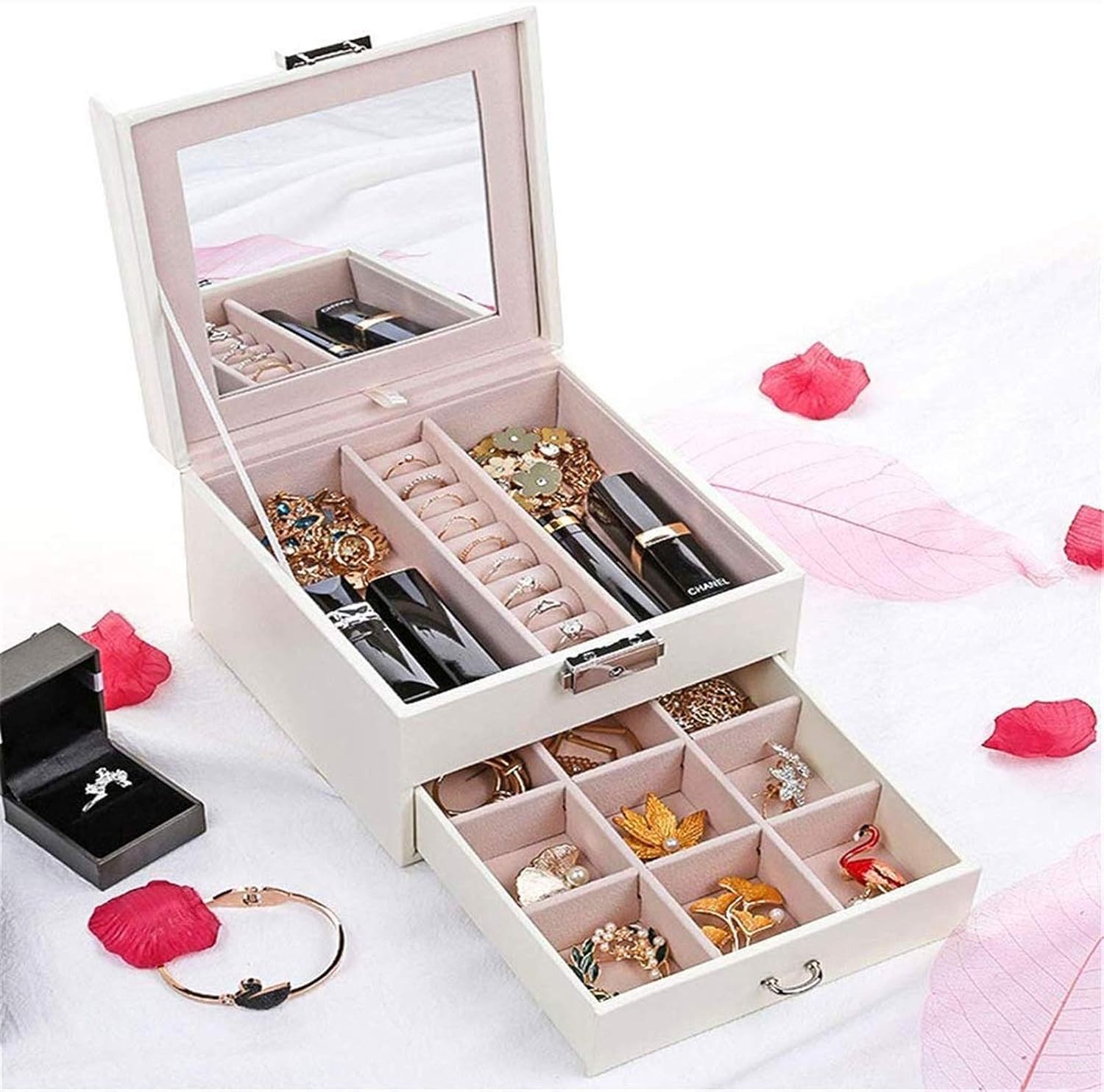 Storage Box,Jewelry Storage Box, Jewelry Box Storage Box Large And 2 Layers Necklace Earrings Ring Storage Rack Gift Wrap Girl White image 4