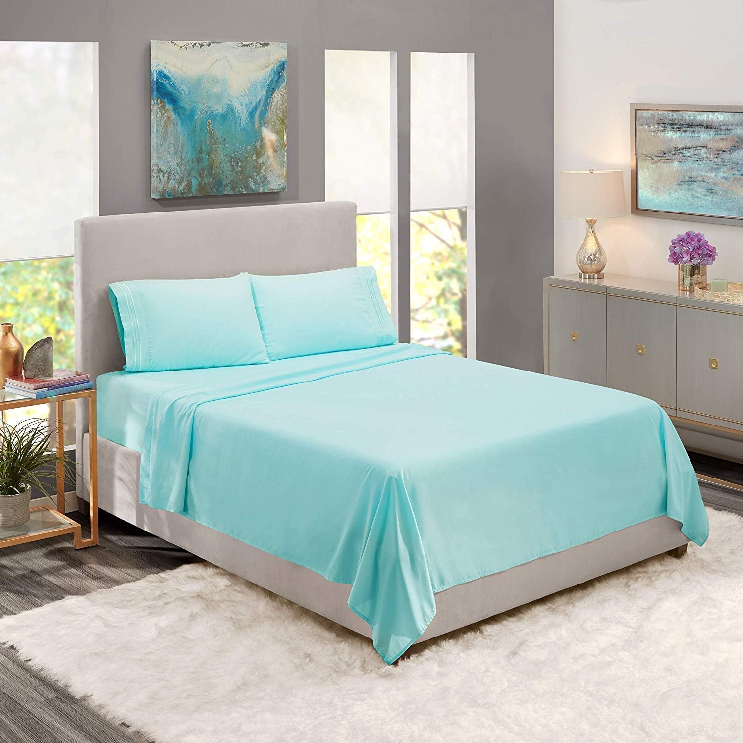 1800 Collection 6-Piece Bed Sheet Set with Bonus Pillowcases, Queen, Light Blue Aqua