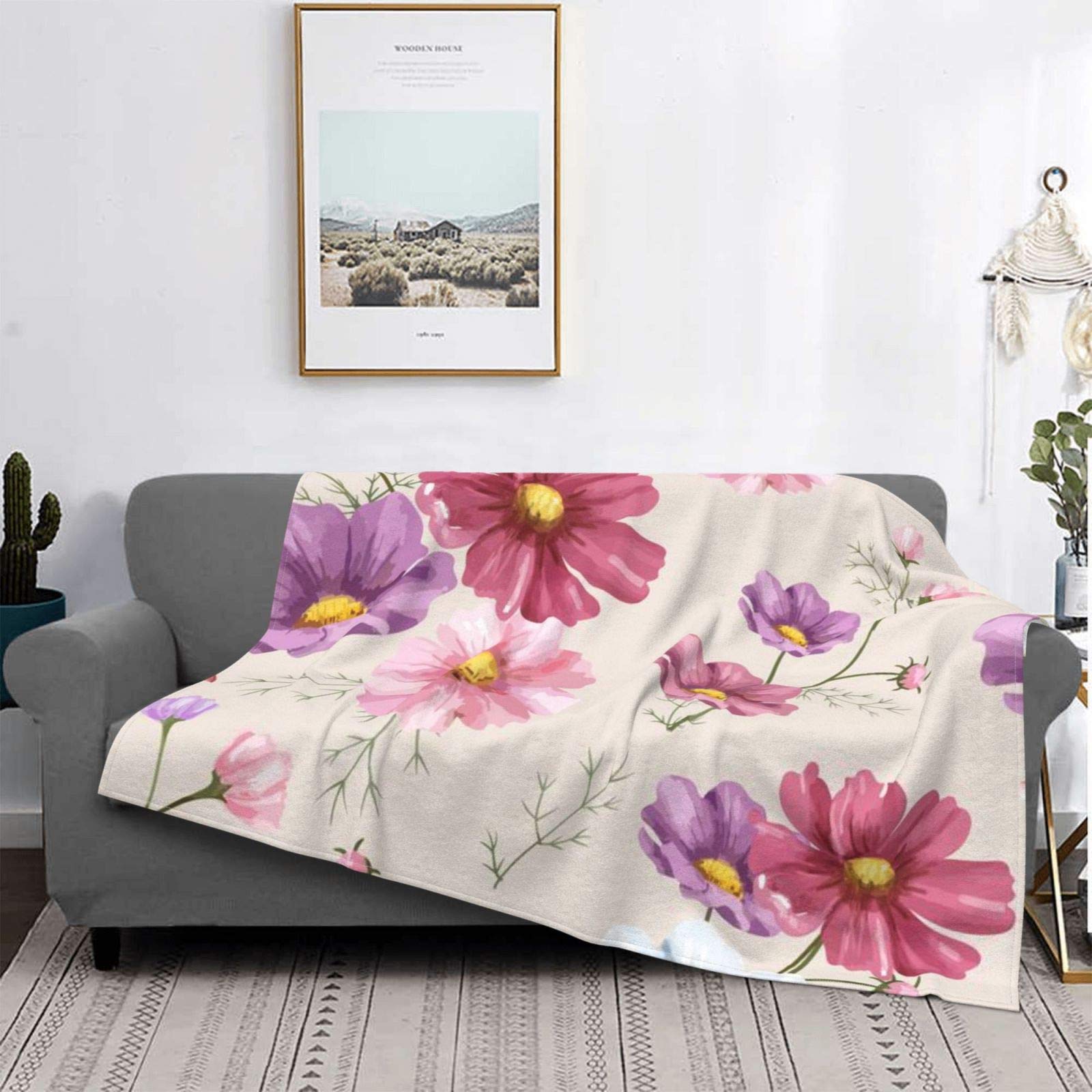 Decke, handgezeichnetes Kosmos-Blumenmuster, warmes Flanell-Fleece, Plüsch, weiche Sofa-Überwurfdecke als Bettdecke/Bettlaken, 150 x 200 cm