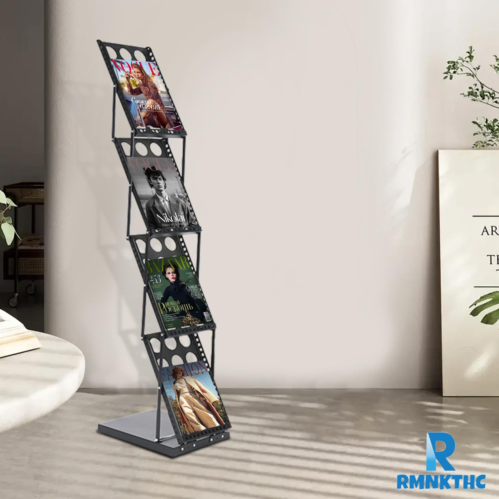 Soporte plegable para catálogo de 4 niveles con bolsa de almacenamiento Oxford, compatible con A4, estante de hierro para folletos/folletos/revistas (negro)