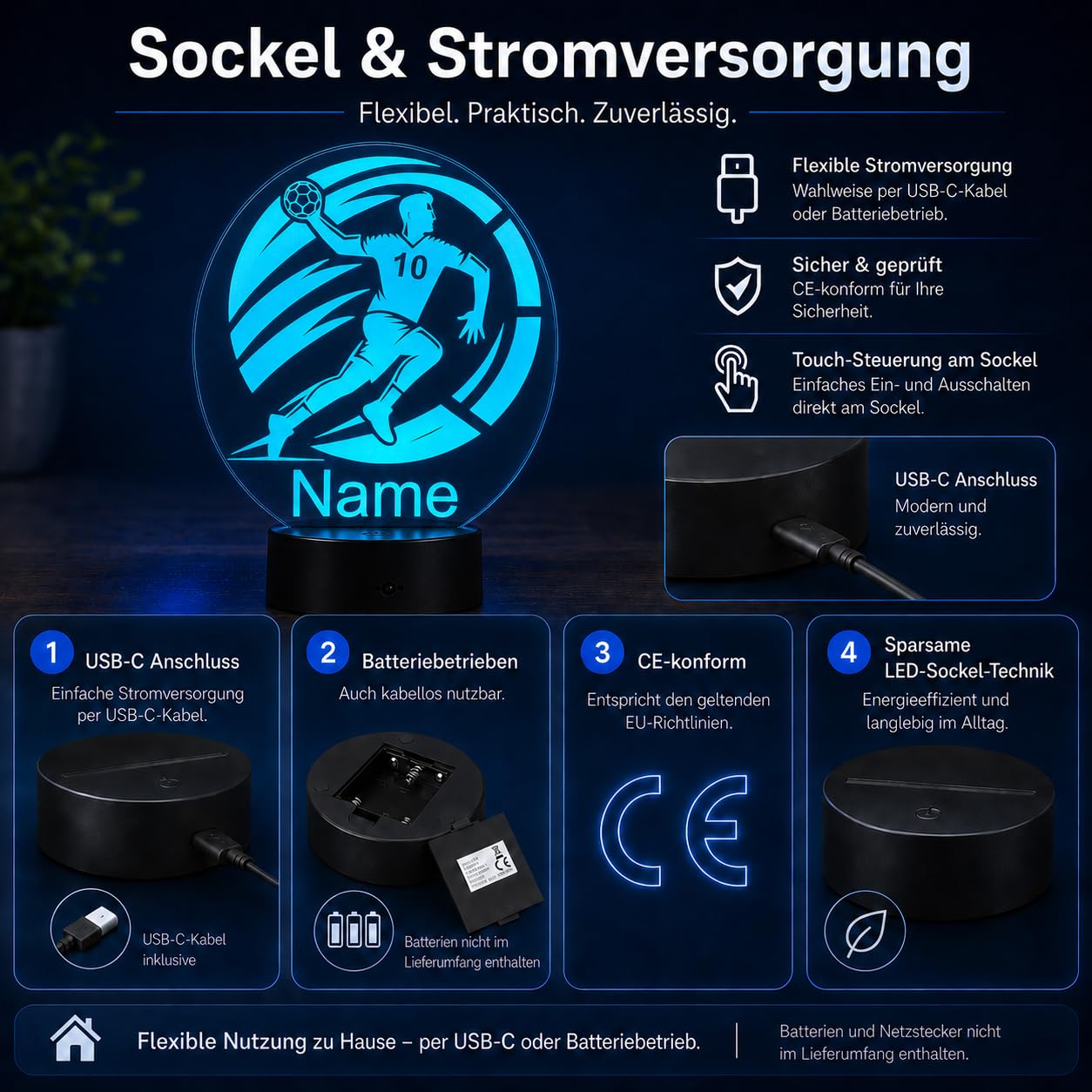 Personalisierte Handball Lampe – LED Nachtlicht mit Name – Geschenkidee für Handball Spieler, Trainer & Fans – dimmbare Tischlampe mit Fernbedienung – originelle Sport Deko fürs Kinderzimmer & Zuhause