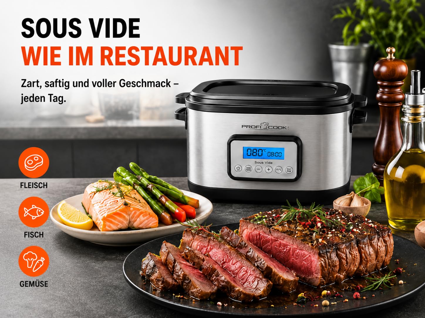 ProfiCook Sous Vide Garer | 8,5L Fassungsvermögen | PC-SV 1112 | Punktgenaues Garen, 72-Std.-Timer, Schongarfunktion, Joghurtmaker-Funktion, Warmhaltefunktion