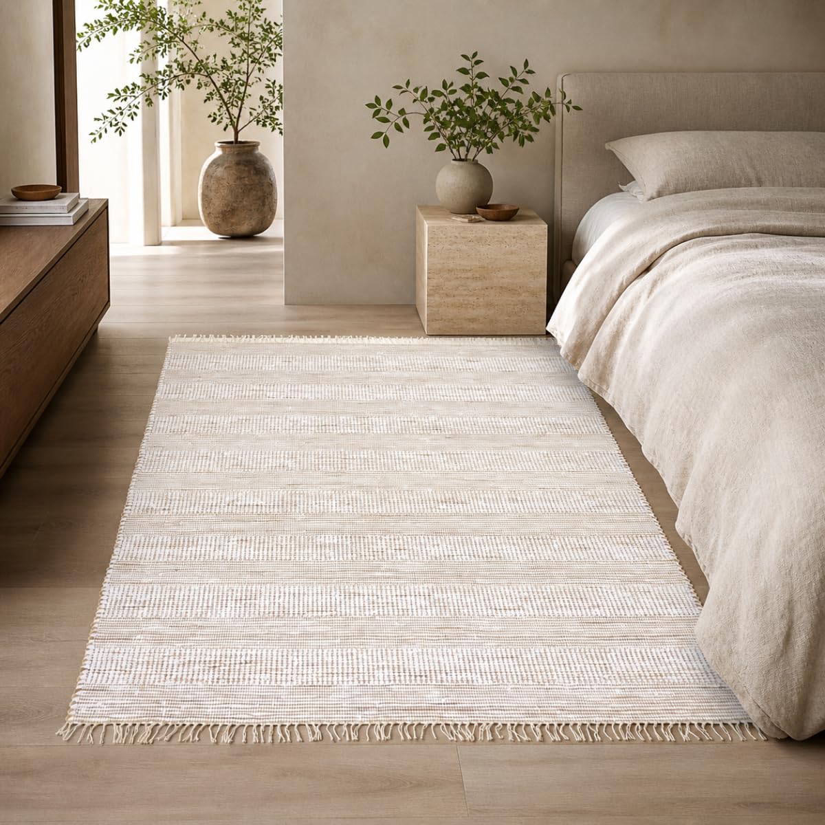 Tapis à franges en coton et jute blanc motif rayé naturel 160x230