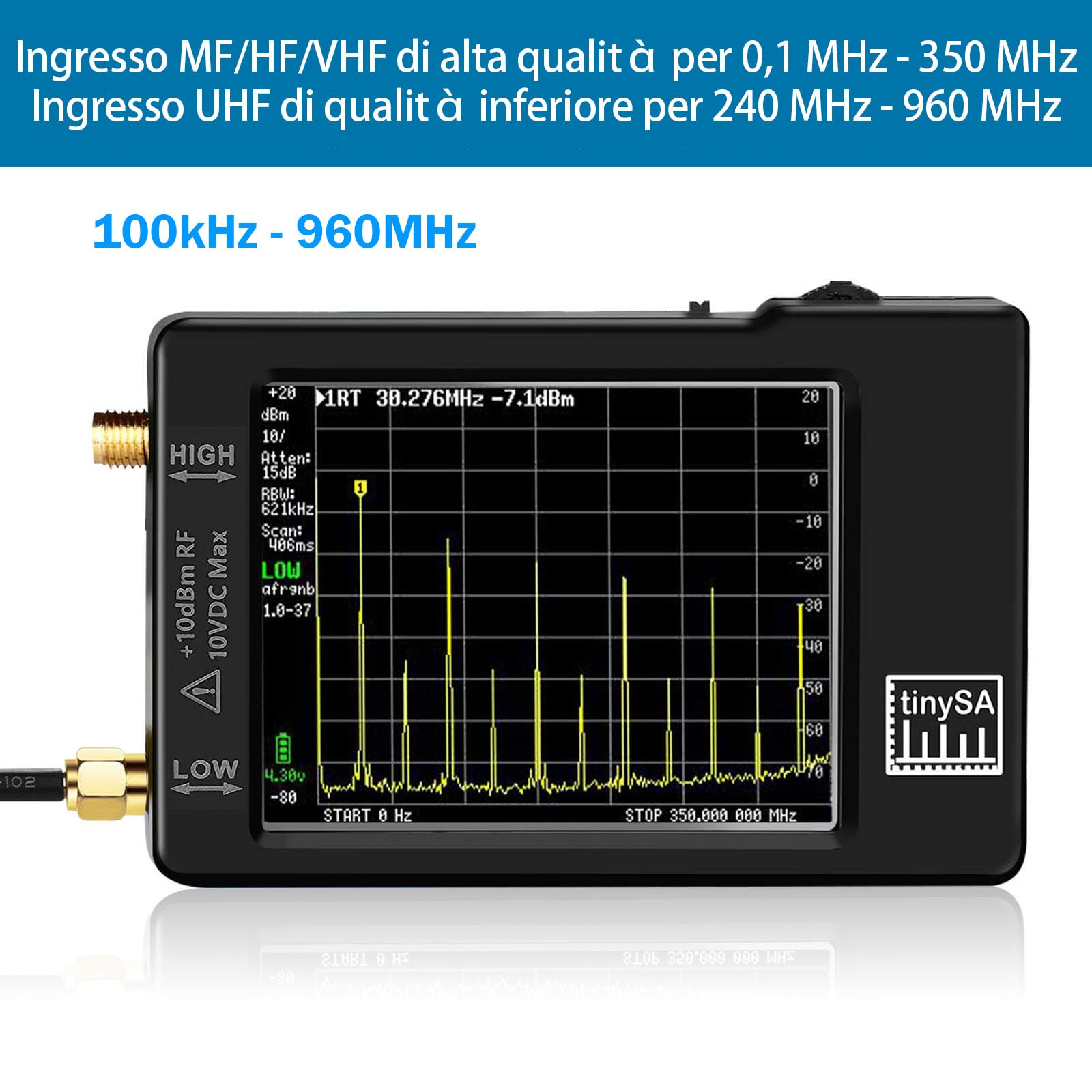 Analizzatore di spettro portatile AURSINC V0.3.1, 100 kHz-960 MHz, FM/MF/HF/VHF/UHF, touchscreen 2,8 pollici, protezione ESD
