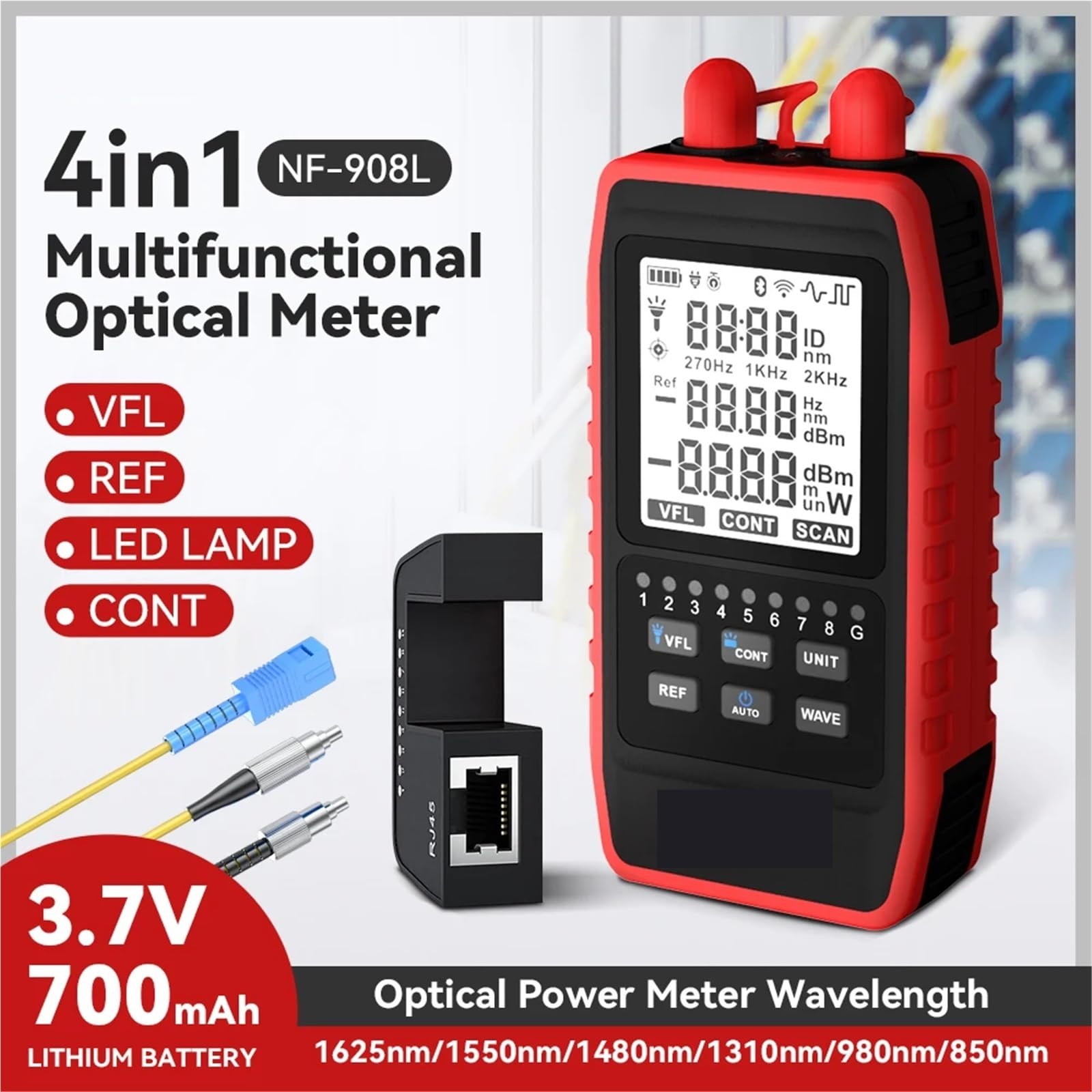 NF-908L Mini medidor de potencia fibra óptica con pantalla LCD, comprobador, cable red, localizador visual fallos Respuesta rápida