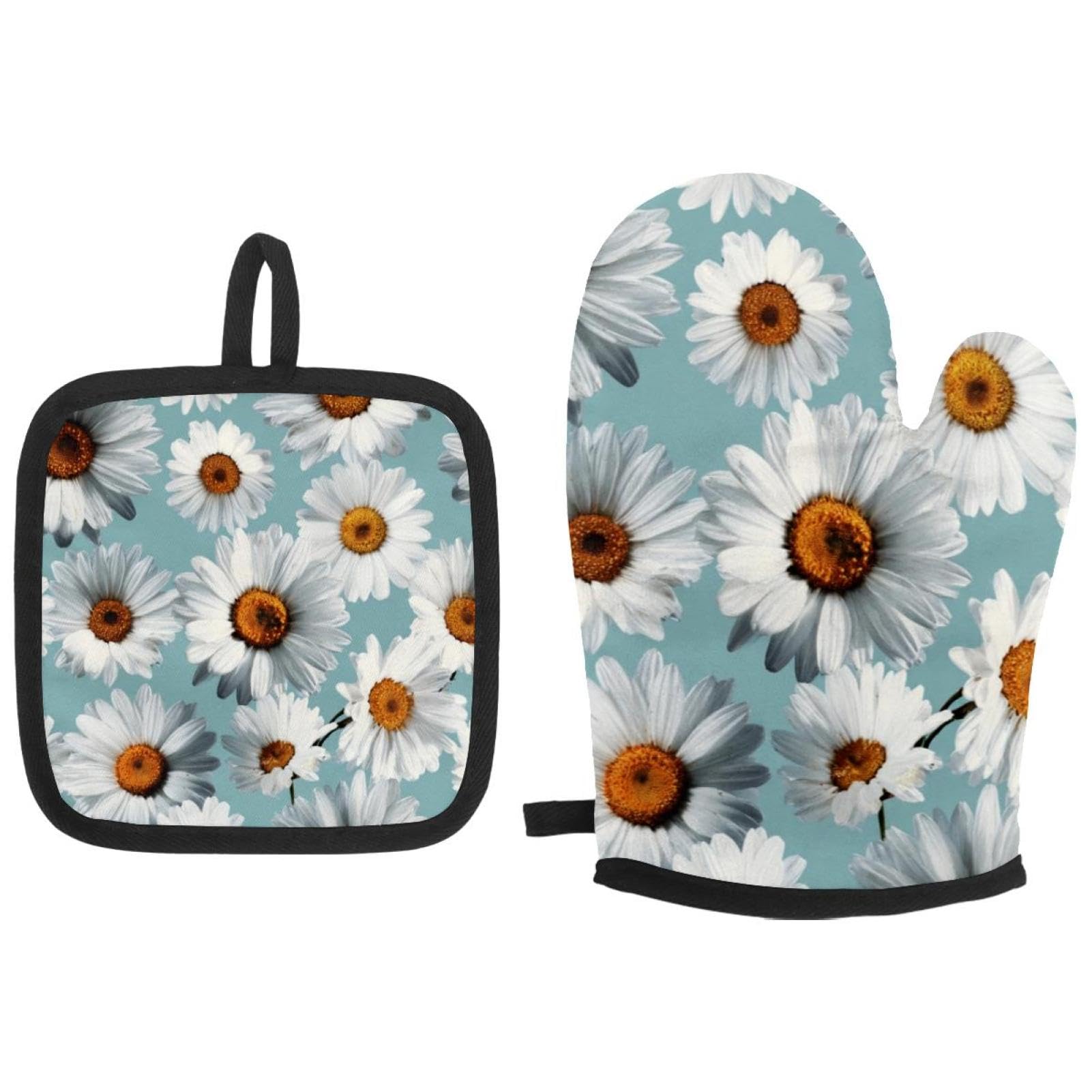 Gants de cuisine et maniques résistants à la chaleur lot de 3 motif marguerites