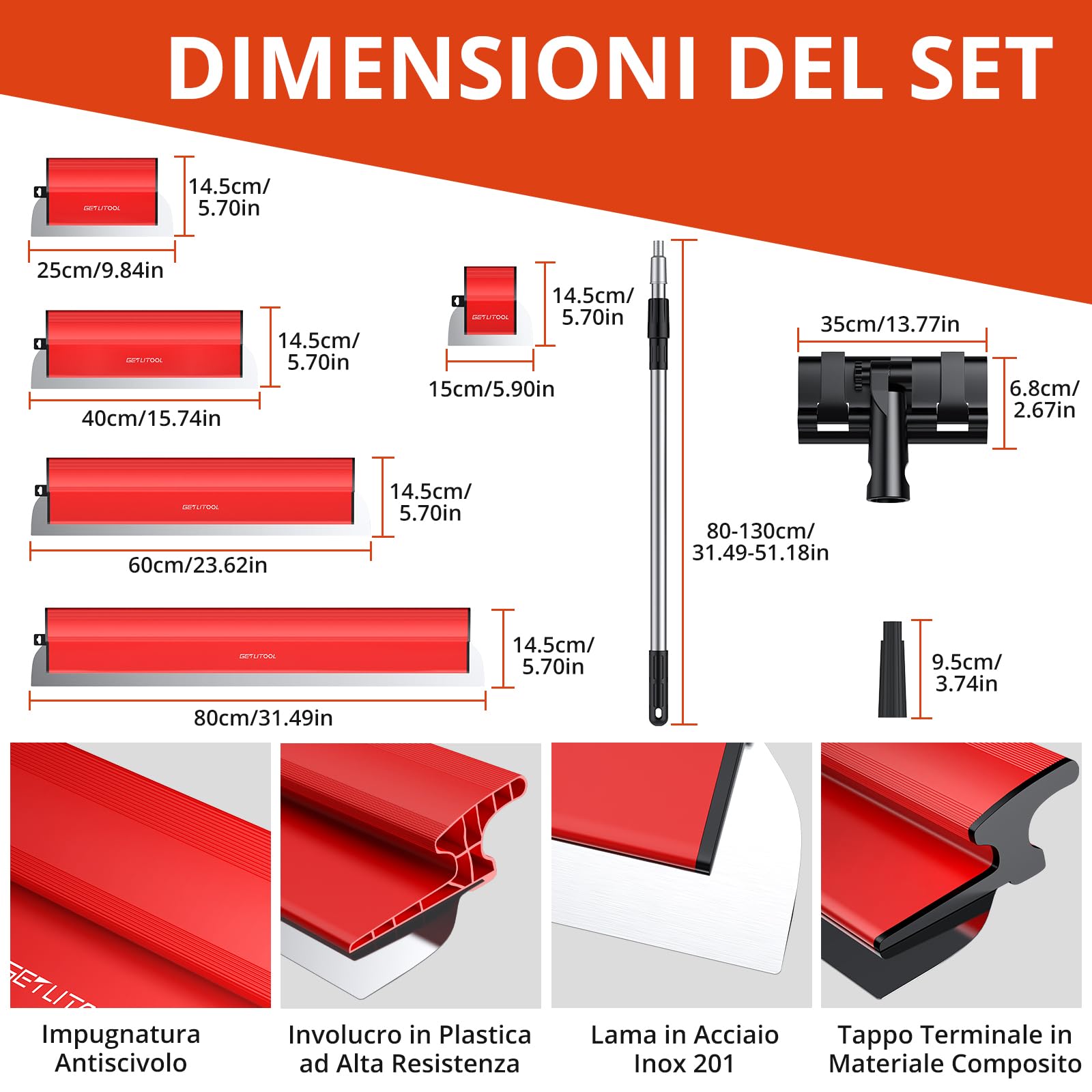GETLITOOL Set 5 Spatole per Stucco 15-80cm con Lame in Acciaio Inox e Ricambi, Asta Telescopica 80-130cm e Clip, Kit Completo con Valigetta per Pareti e Soffitti in Cartongesso Cemento e Calcestruzzo