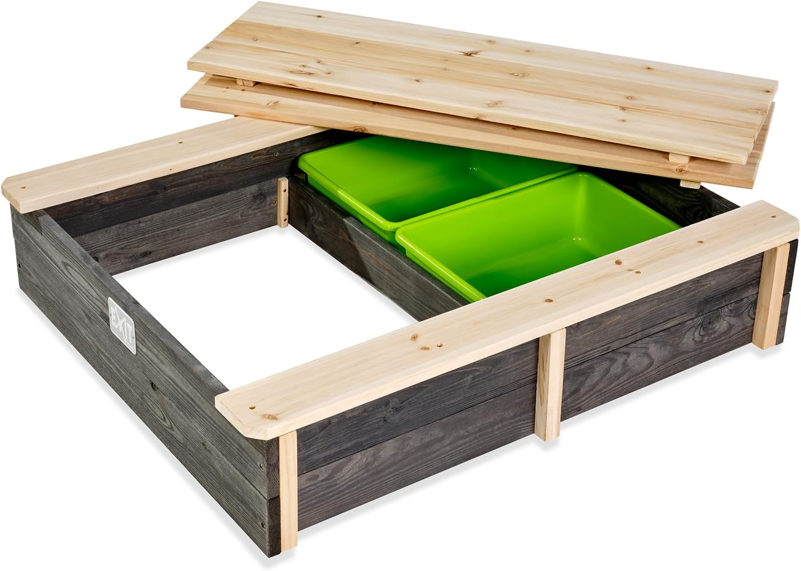 EXIT Toys Aksent Wooden Sandbox - With 2 Benches - 2 Removable Storage Bins - Lockable with Lid - For Children - 100% FSC Cedar Wood - 3.1x2.5ft