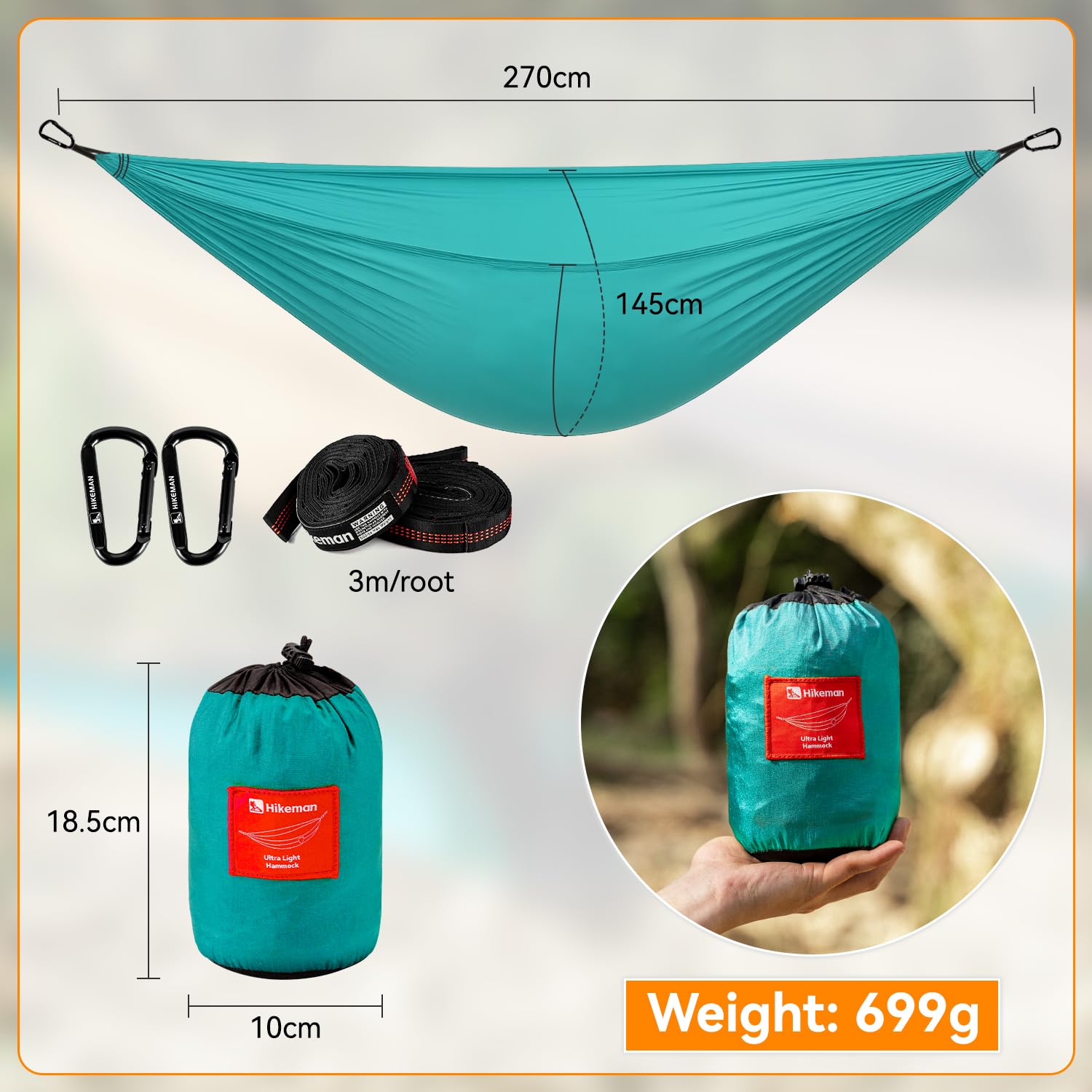Hamac de camping ultraléger – Hamac de voyage portable avec deux sangles d'arbre, 270 x 145 cm pour camping, randonnée, pique-nique, jardin, plage (bleu)