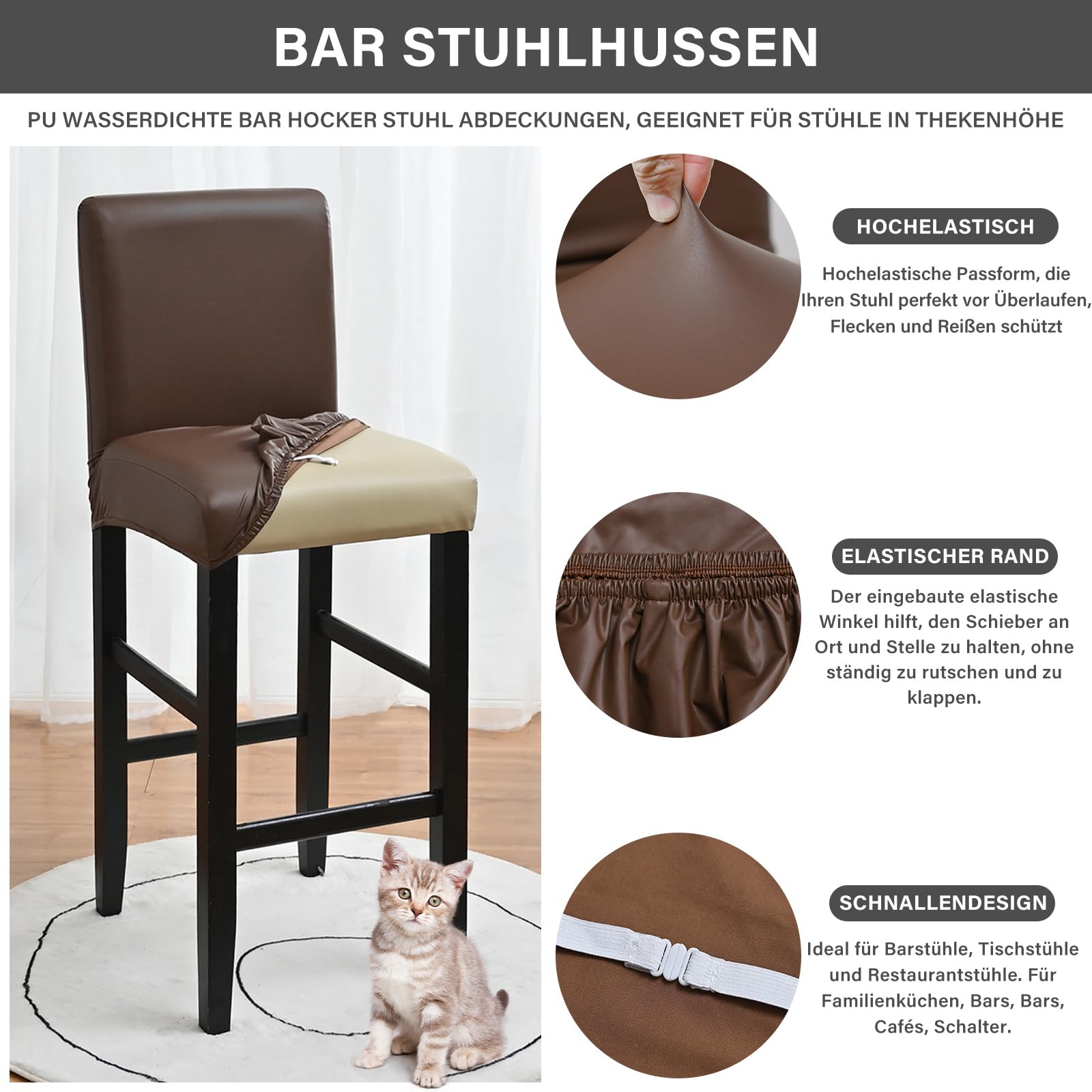 Bar Stuhlhusse PU Leder Wasserdicht-braun-4 Stück