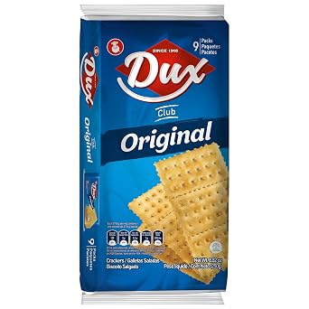 Dux, Original Crackers, Salty & Crunchy, Enjoy Anytime, 8.82 Ounce, 1 Box contains 4 Bags, each with 9 Individual Packs and every pack includes 3 Crackers, totaling 36 crackers per box.