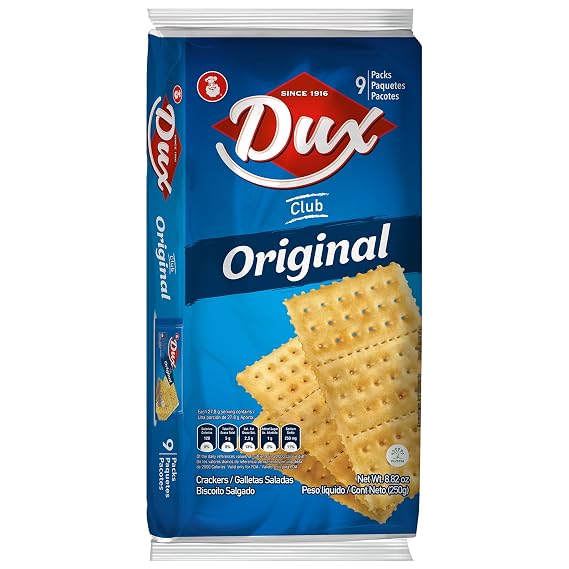 Dux, Original Crackers, Salty & Crunchy, Enjoy Anytime, 8.82 Ounce, 1 Box contains 4 Bags, each with 9 Individual Packs and every pack includes 3 Crackers, totaling 36 crackers per box.