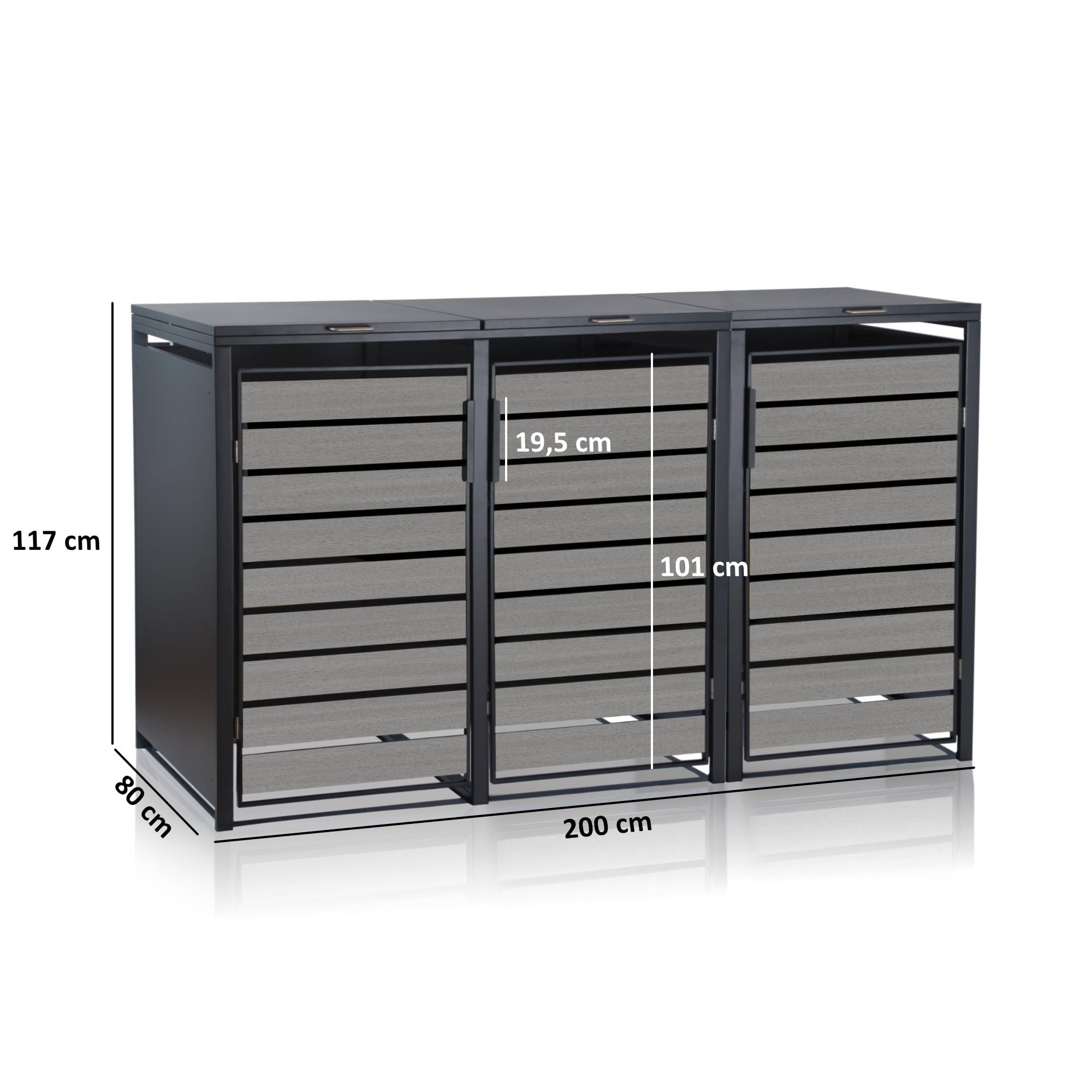 Zelsius Mülltonnenbox 3er für 3 Mülltonnen | 120-240 Liter | Anthrazit RAL 7016 | Tür in hellgrauer Holzoptik inkl. Erweiterungsmöglichkeit | Mülltonnenhäusschen, Mülleimerboxen