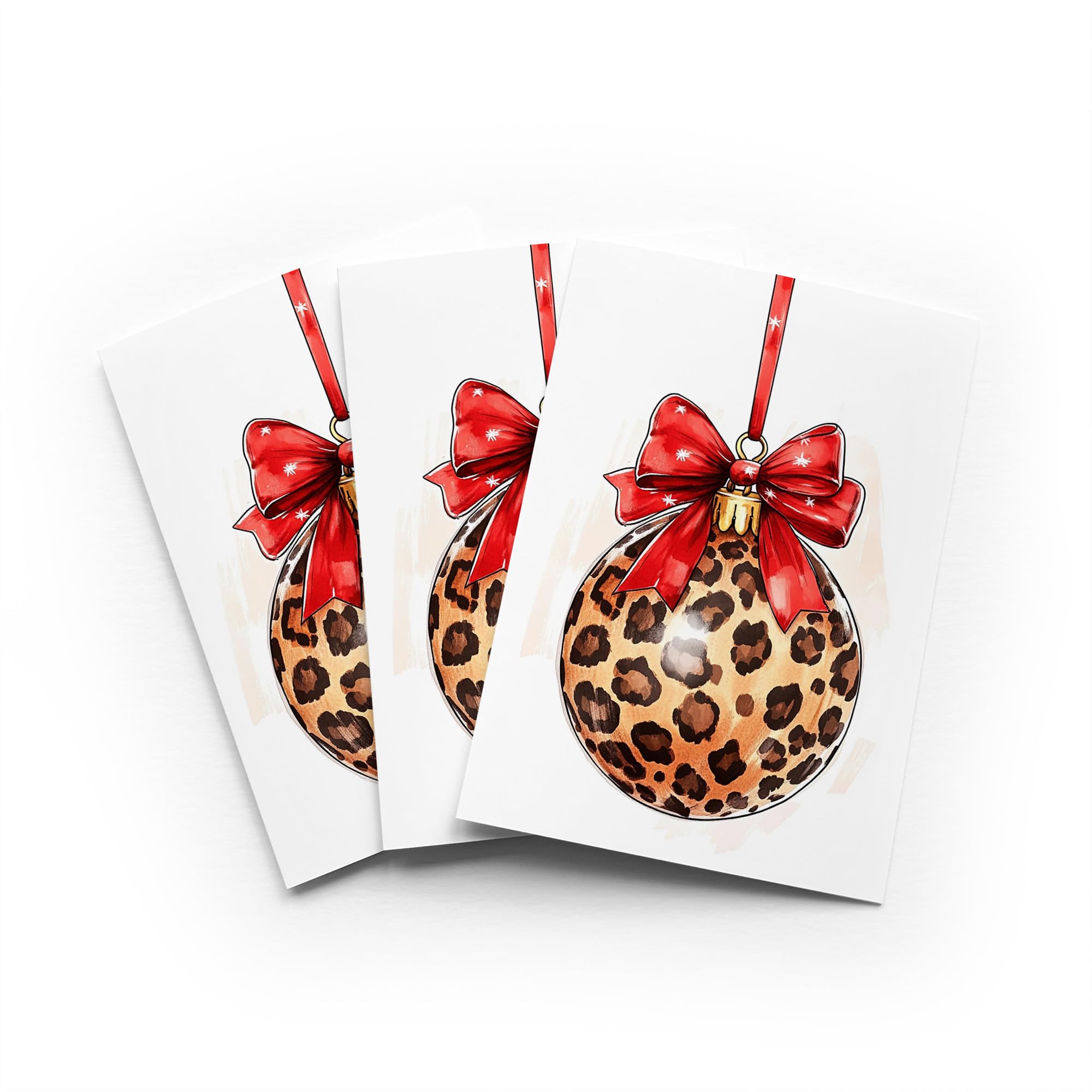 Leopard Print Bauble Christmas Card Festive Bow Set of 3 Greeting Cards Blank Inside 5x7 Inch 13x18 cm