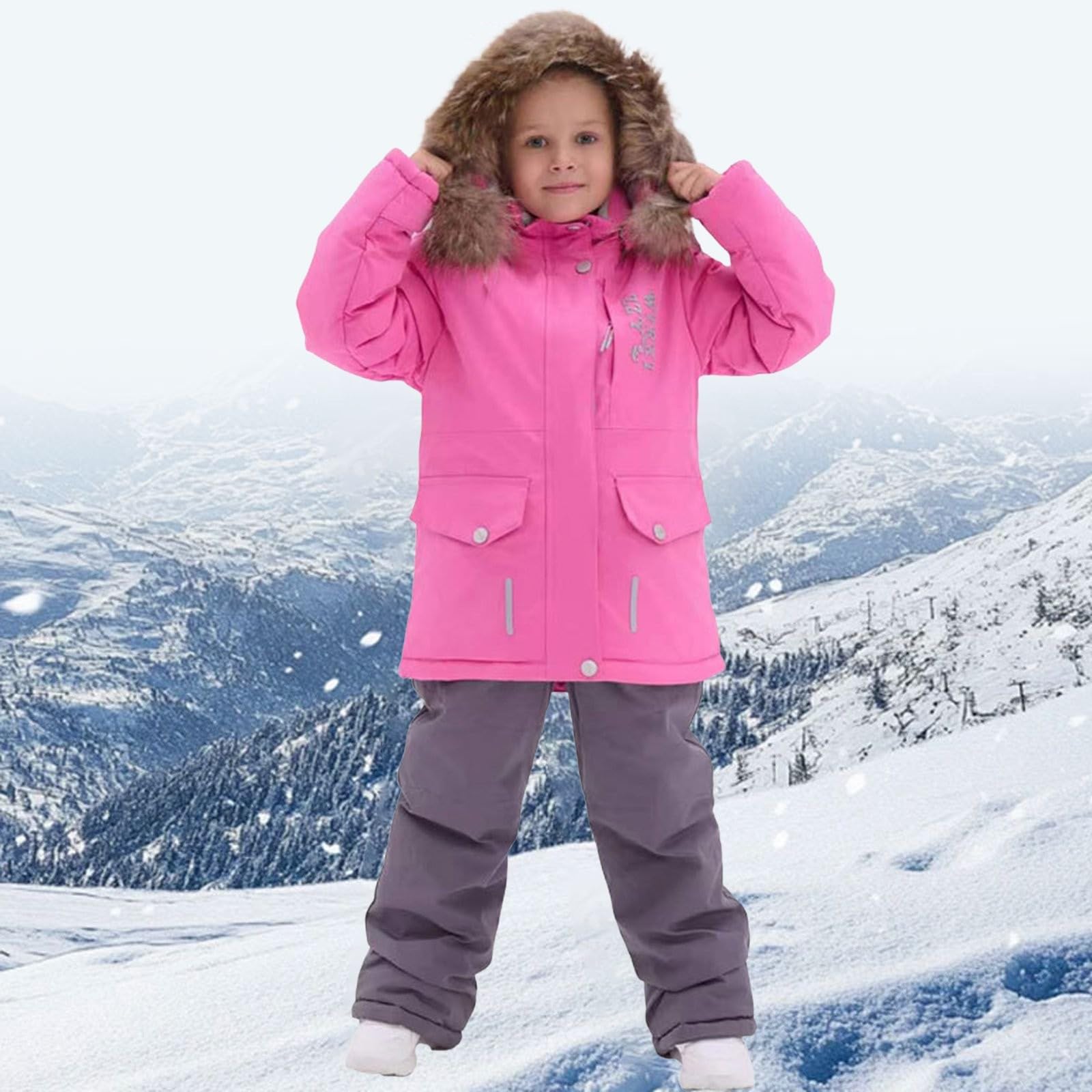 Trajes de esquí para niños y niñas, dos piezas para niños, abrigo cálido con capucha y pantalones de nieve, impermeable, resistente al viento, grueso, cálido, traje de nieve para esquí al aire libre