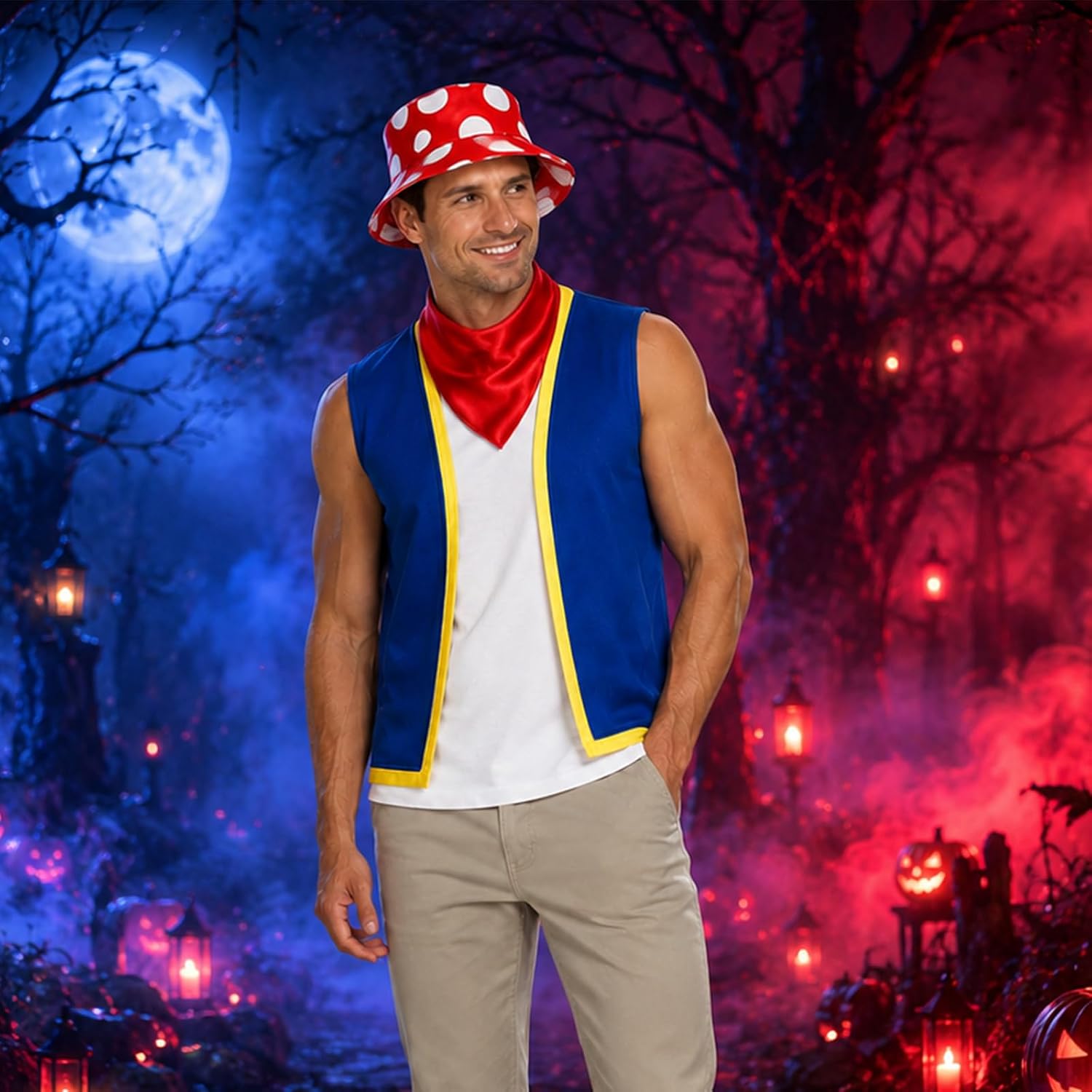 JcHrmers Halloween Mushroom Costume Spotted Mushroom Hat Vest for Adult Halloween Cosplay Funny Party Dress up Accessories