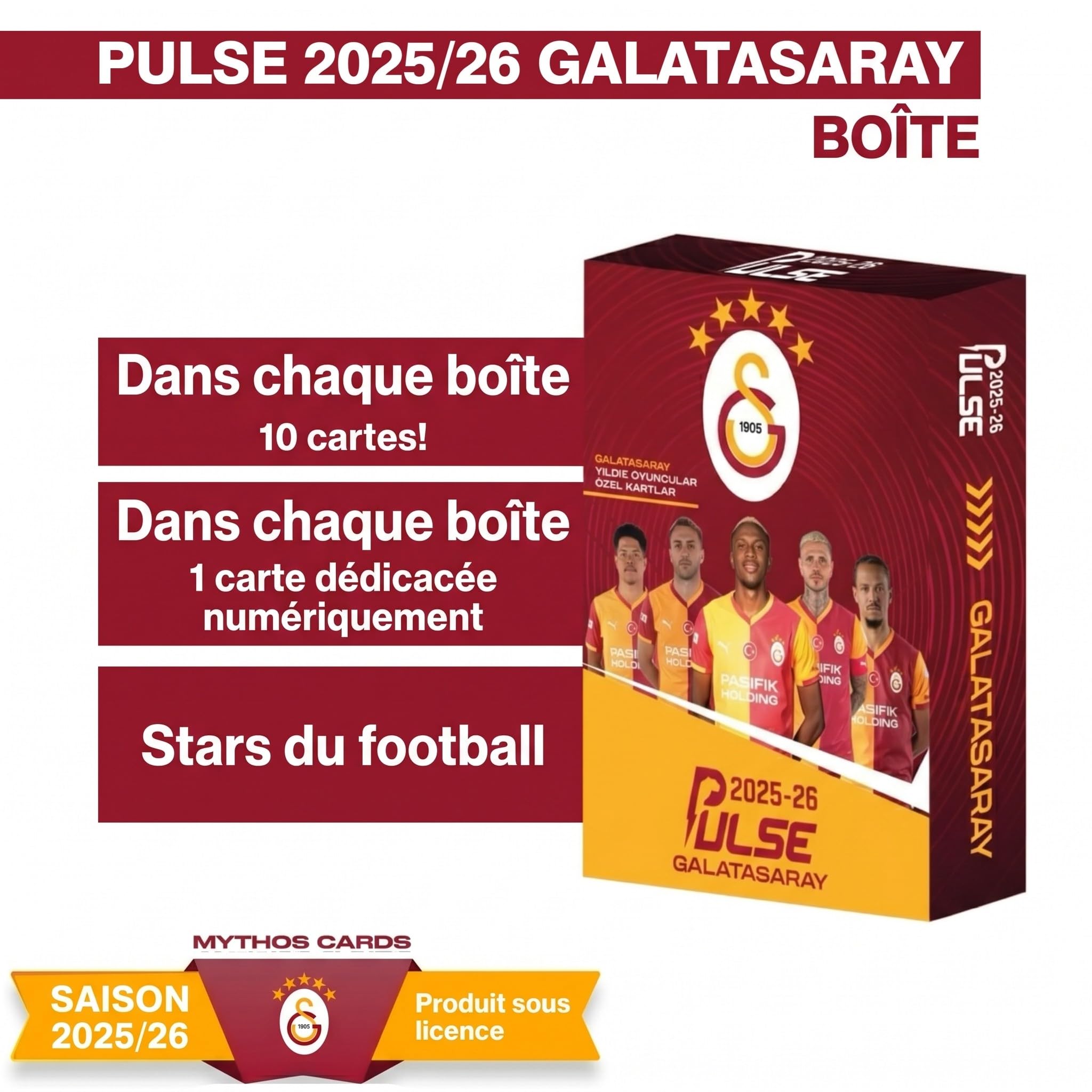 Galatasaray Cimbom Pulse Lot de 10 Cartes de Football à Collectionner 2025/2026 avec 1 Carte signée numérique – Articles de Fan Boîte à Collectionner – Osimhen Icardi Sané